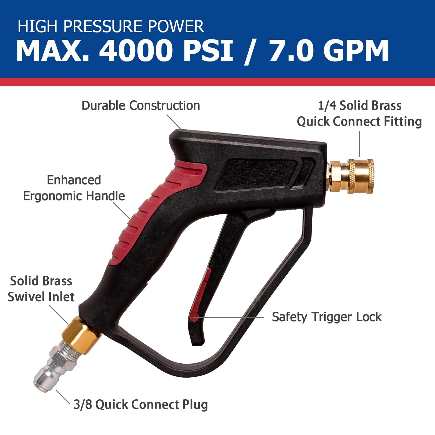 Short Pressure Washer Gun with Swivel – 3/8″ Inlet & 1/4″ Outlet Quick Connec…