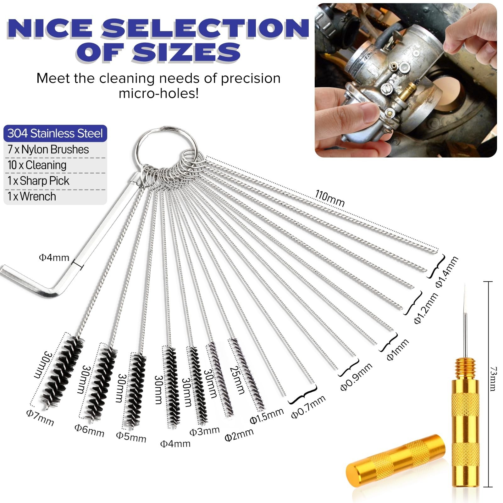 Premium Torch Tip Cleaner Kit – Stainless Steel Carburetor Brush + 4 Hooks, Nylo
