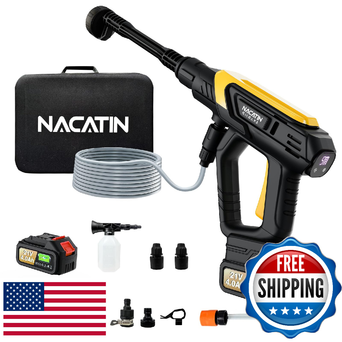 1000PSI Cordless Pressure Washer, 21V 4.0Ah Battery-Powered Brushless Motor Powe