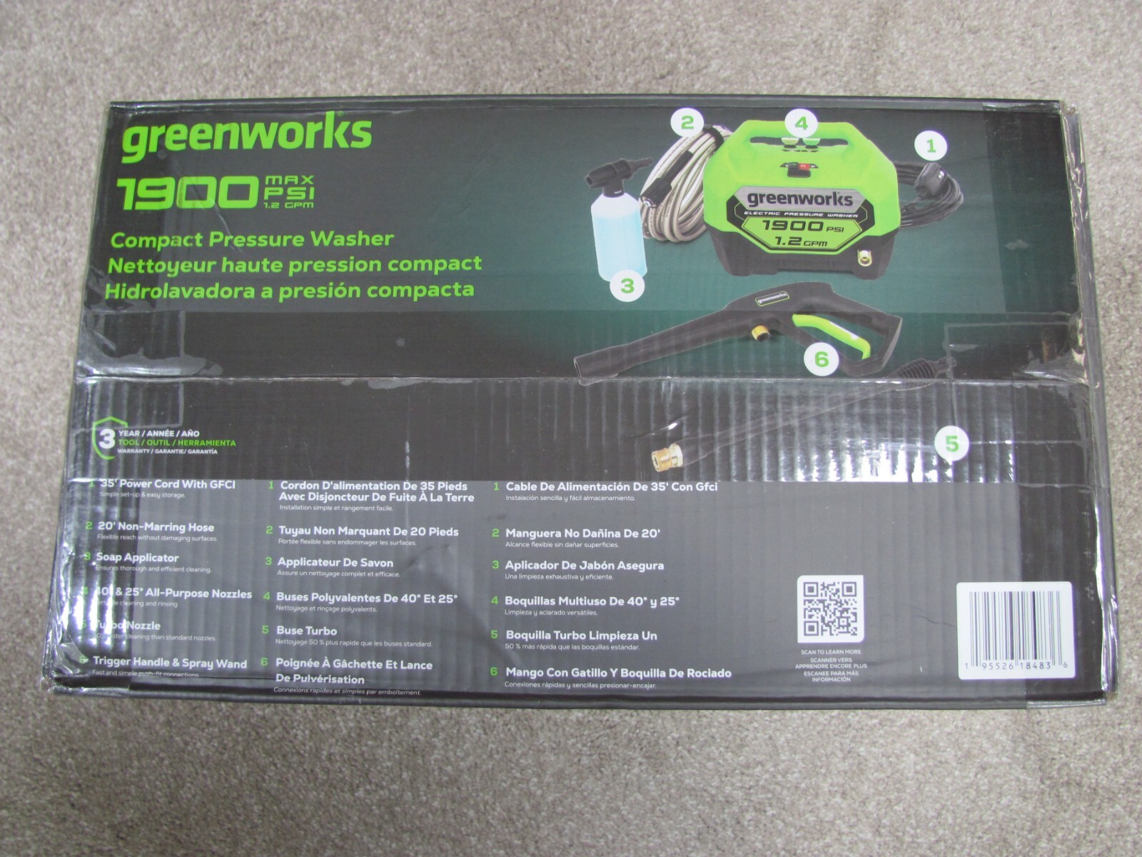 New Greenworks 1900 MAX PSI 1.2 GPM Electric Compact Pressure Washer (GPW1901)