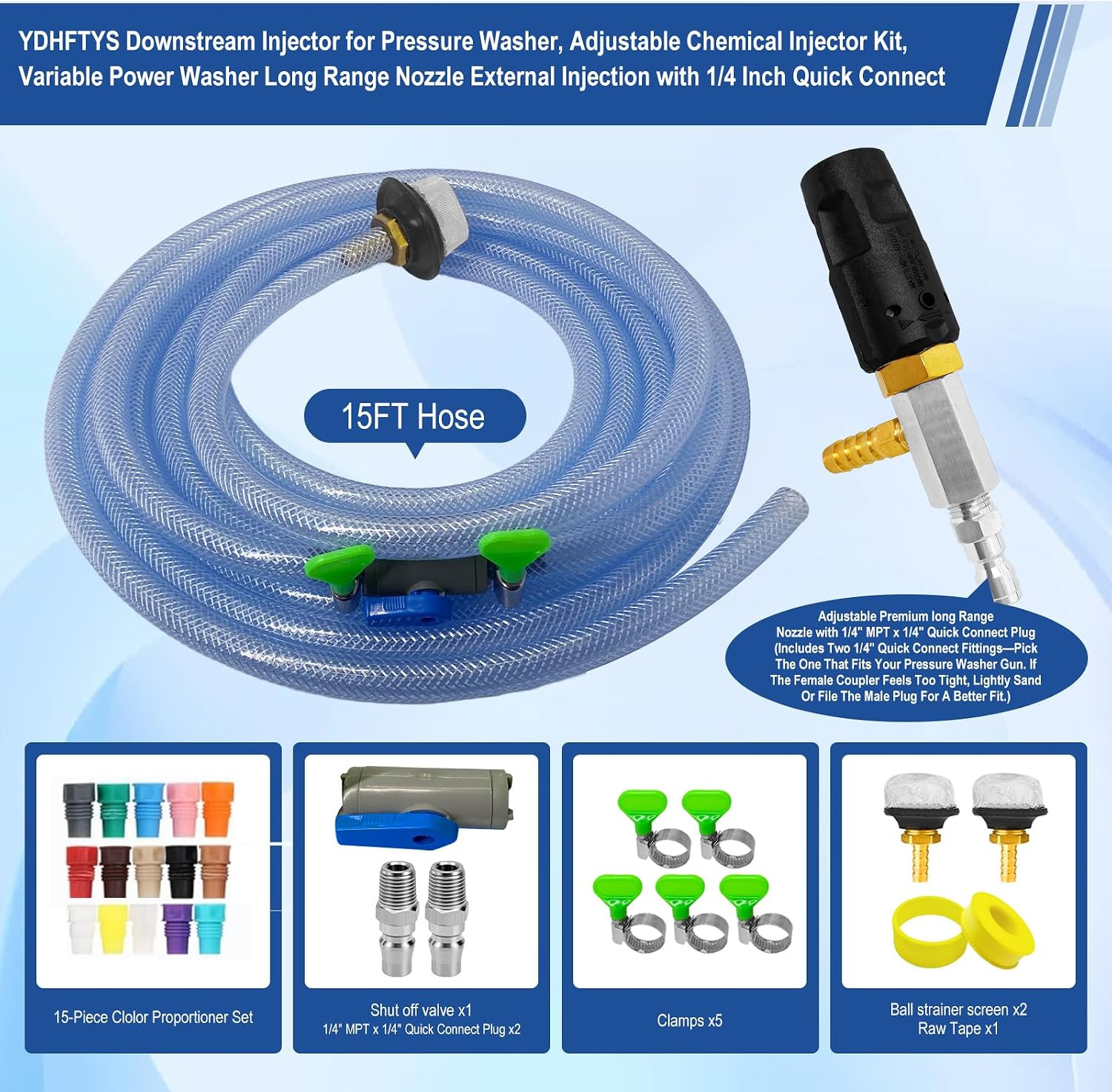Adjustable Long Range Nozzle for Pressure Washer, Downstream Injection Spray Noz