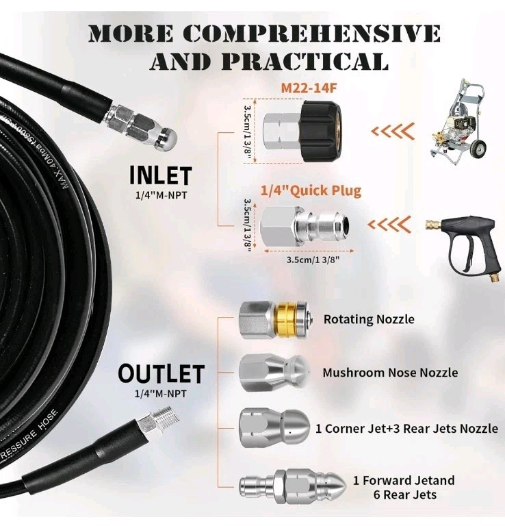 Sewer Jetter Kit for Pressure Washer 200FT, 5800PSI Drain Cleaner Hose 1/4″ NPT