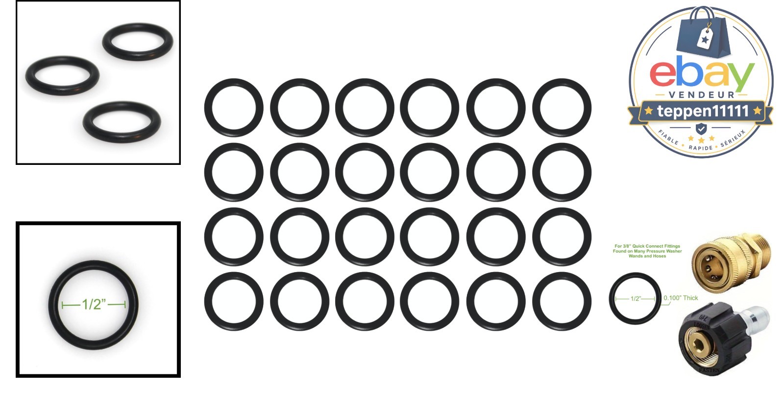 Power Pressure Washer O-Rings 1/2″ ID 24-Pack 3/8″ Coupler