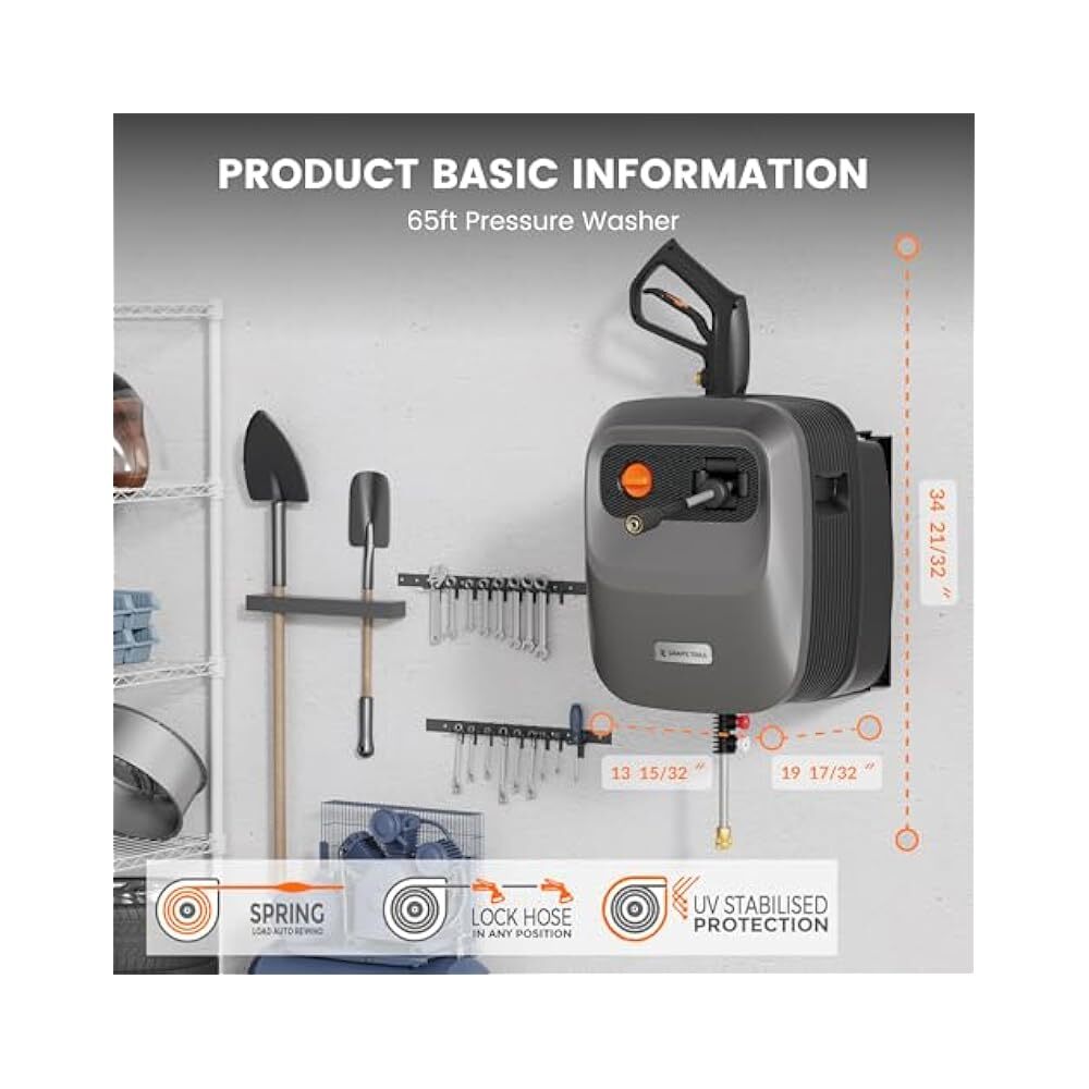 Wall,Mounted 2500 PSI Washer, 2.2 GPM, 65ft Hose, Protects Hose from Damage