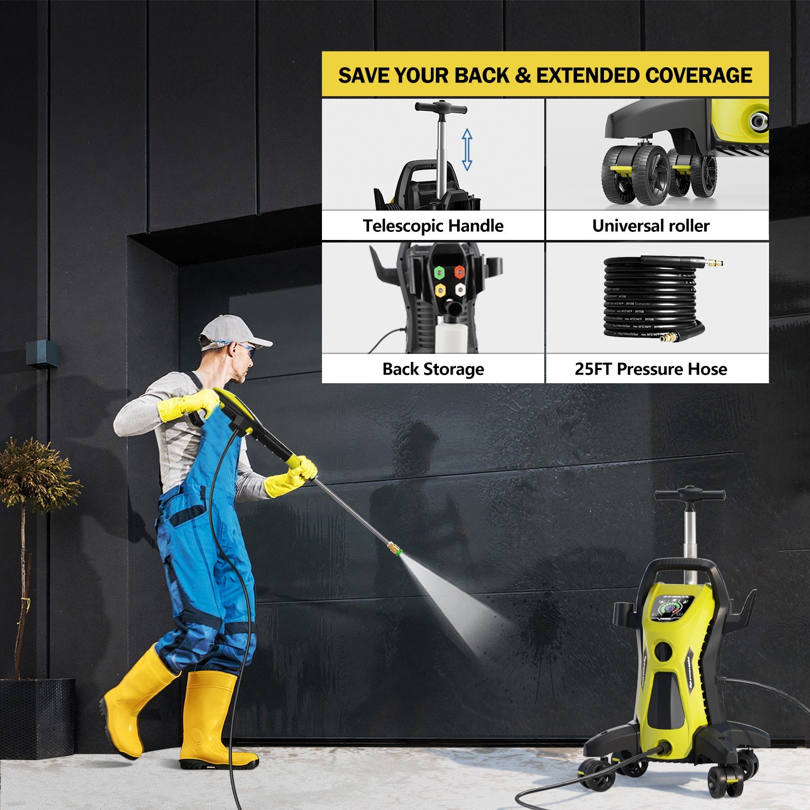 Pressure Washer 4500PSI 3.9GPM, 15-Level Touch, 4 Wheels, 4 Nozzles, for Car