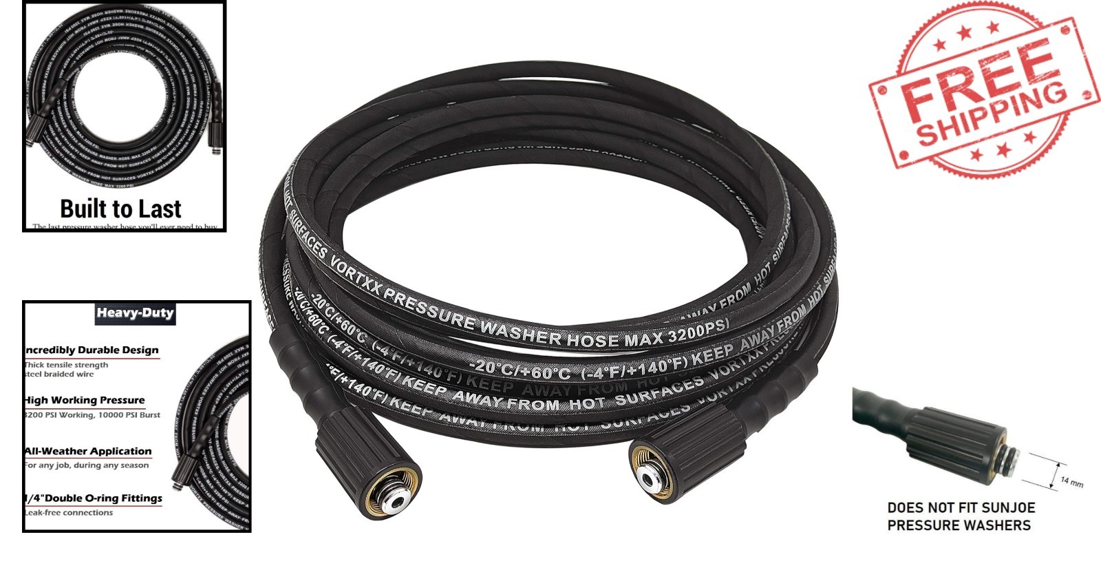 30FT Heavy-Duty Pressure Washer Hose with Steel Braided Design – 3200 PSI