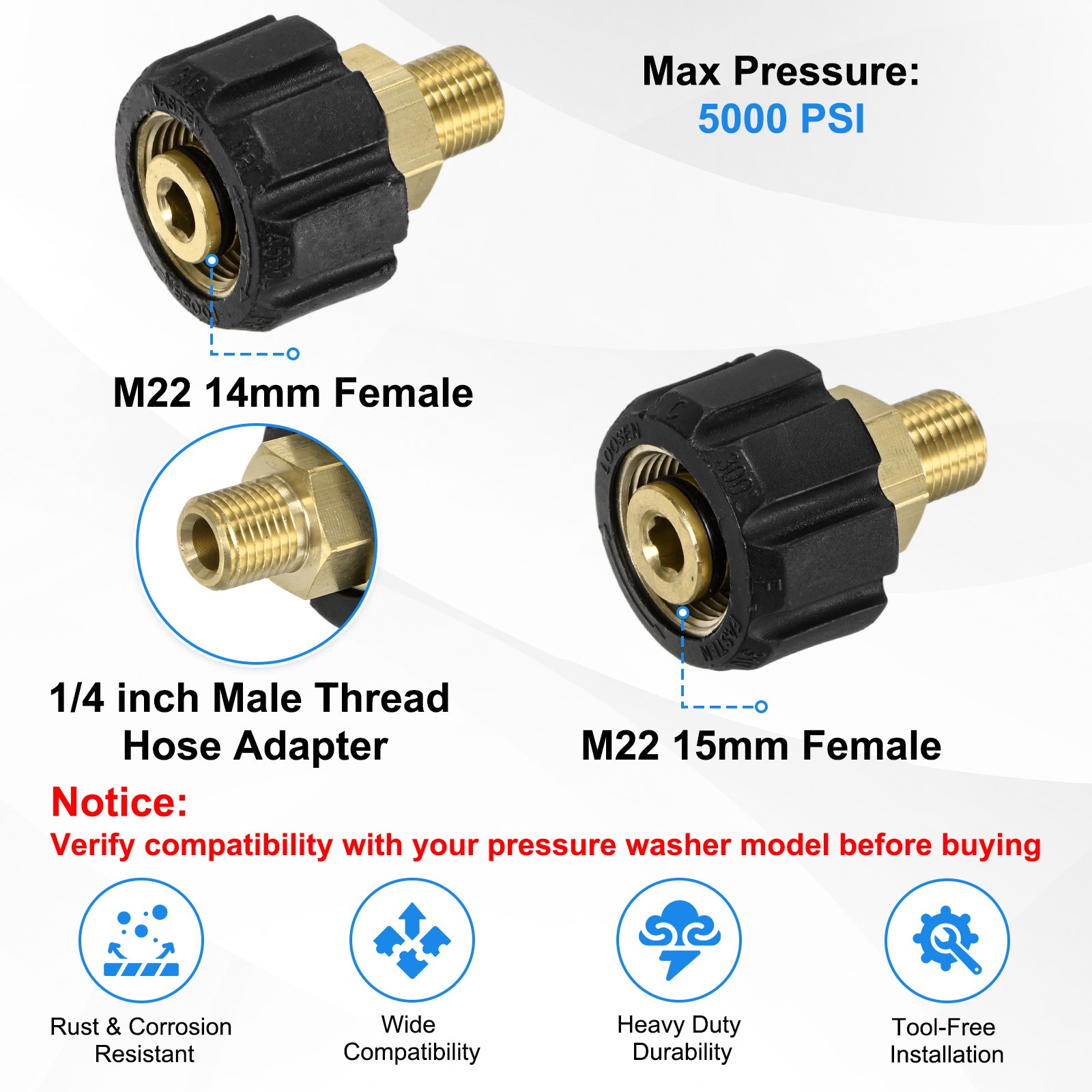 2-Pack M22 14mm & 15mm Female to 1/4 Inch Male Thread Pressure Washer Fittings