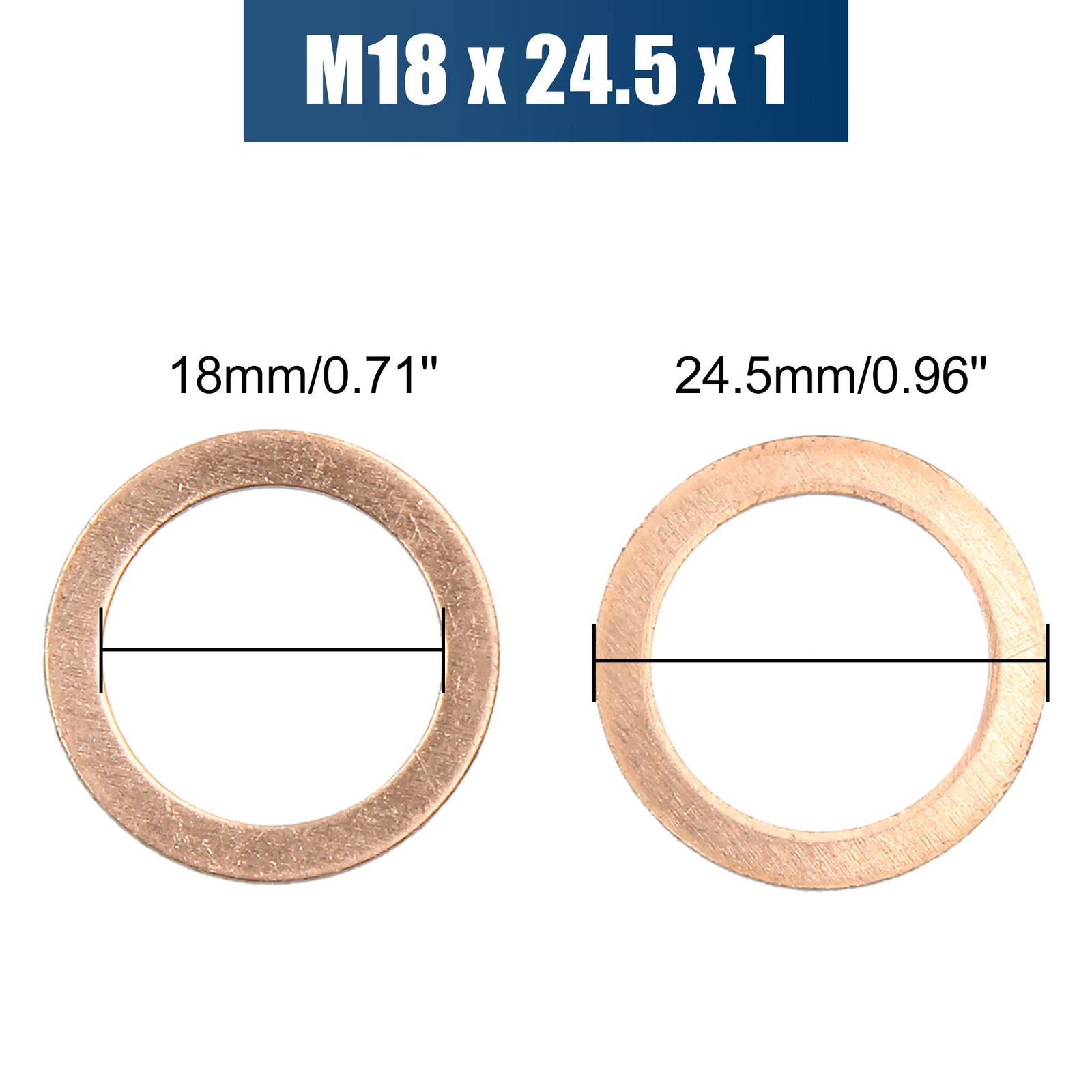 10 PCS M18x24.5mmx1mm Copper Crush Washers, Flat Car Sealing Gaskets, Rings