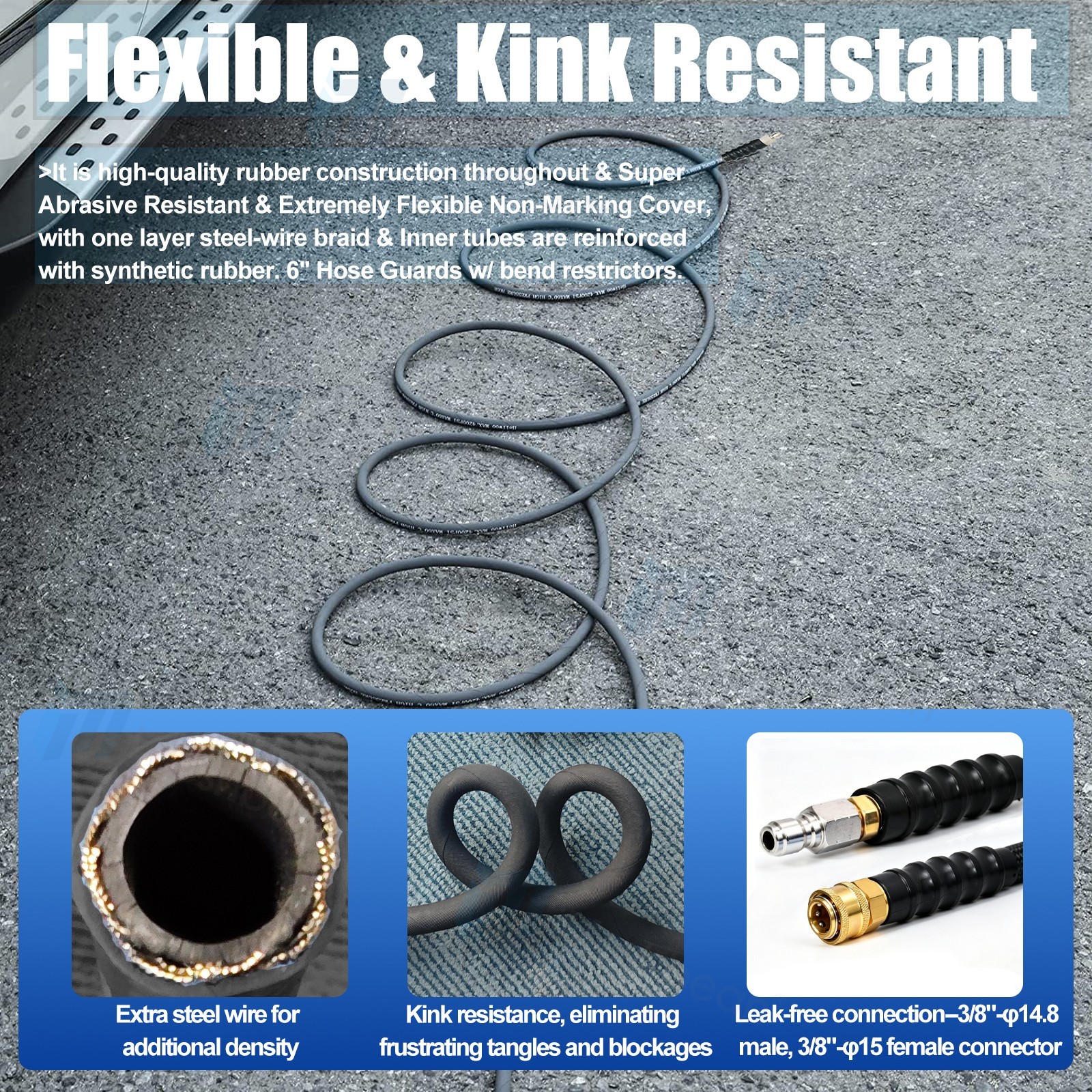 Hot Water Pressure Washer Hose 3/8″ x 100ft 6000 psi Non-Marking 2-Braid Black