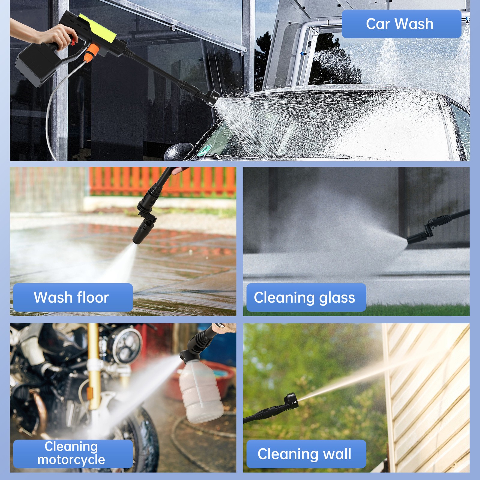6in1 Cordless Electric High Pressure Water Spray Gun W/ 3 function levers