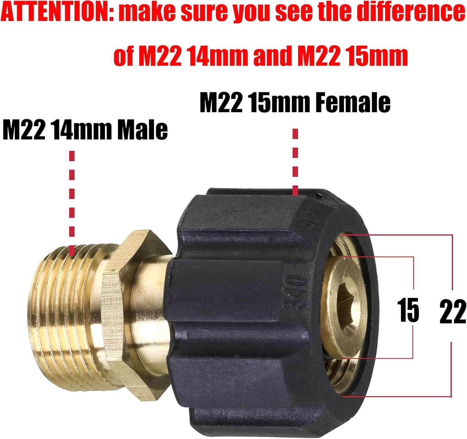 Pressure Washer Adapter, Metric M22 15mm Female Thread to M22 14mm Male Fitti…