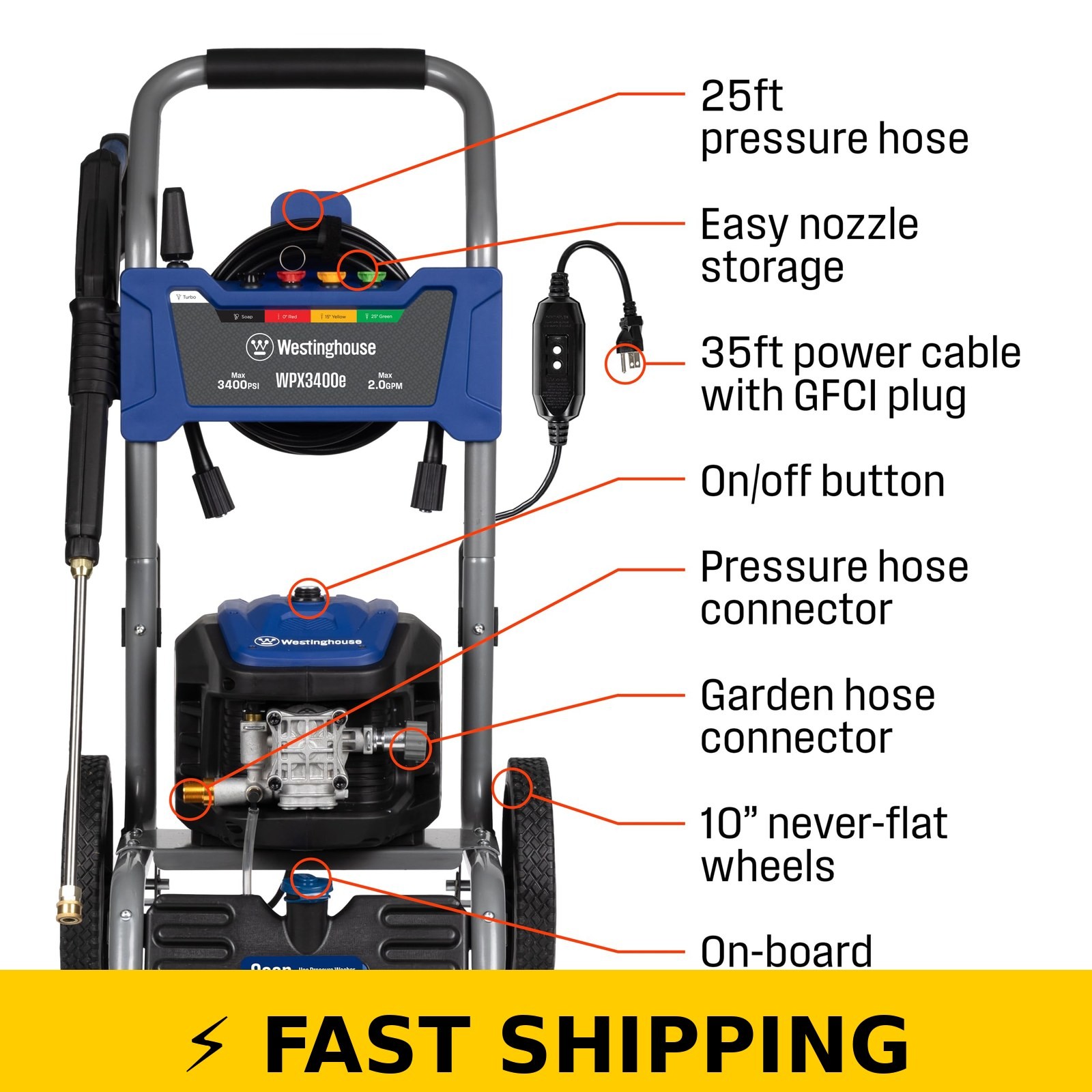 Westinghouse WPX3400e Electric Pressure Washer, 3400 PSI, Brushless Motor