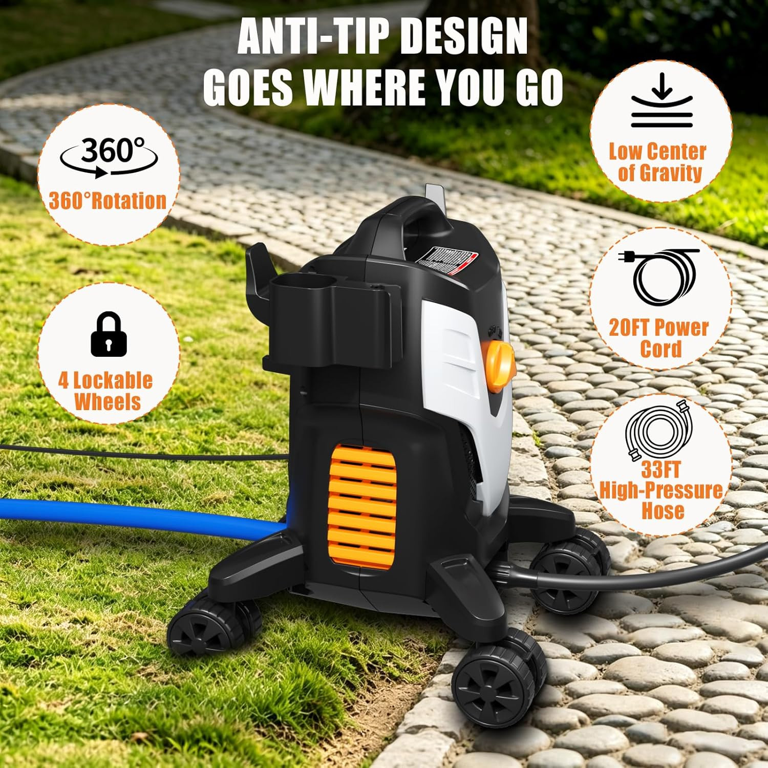 Electric Pressure Washer 4500PSI 2.8 GPM High Pressure Washer with Anti-Tipping