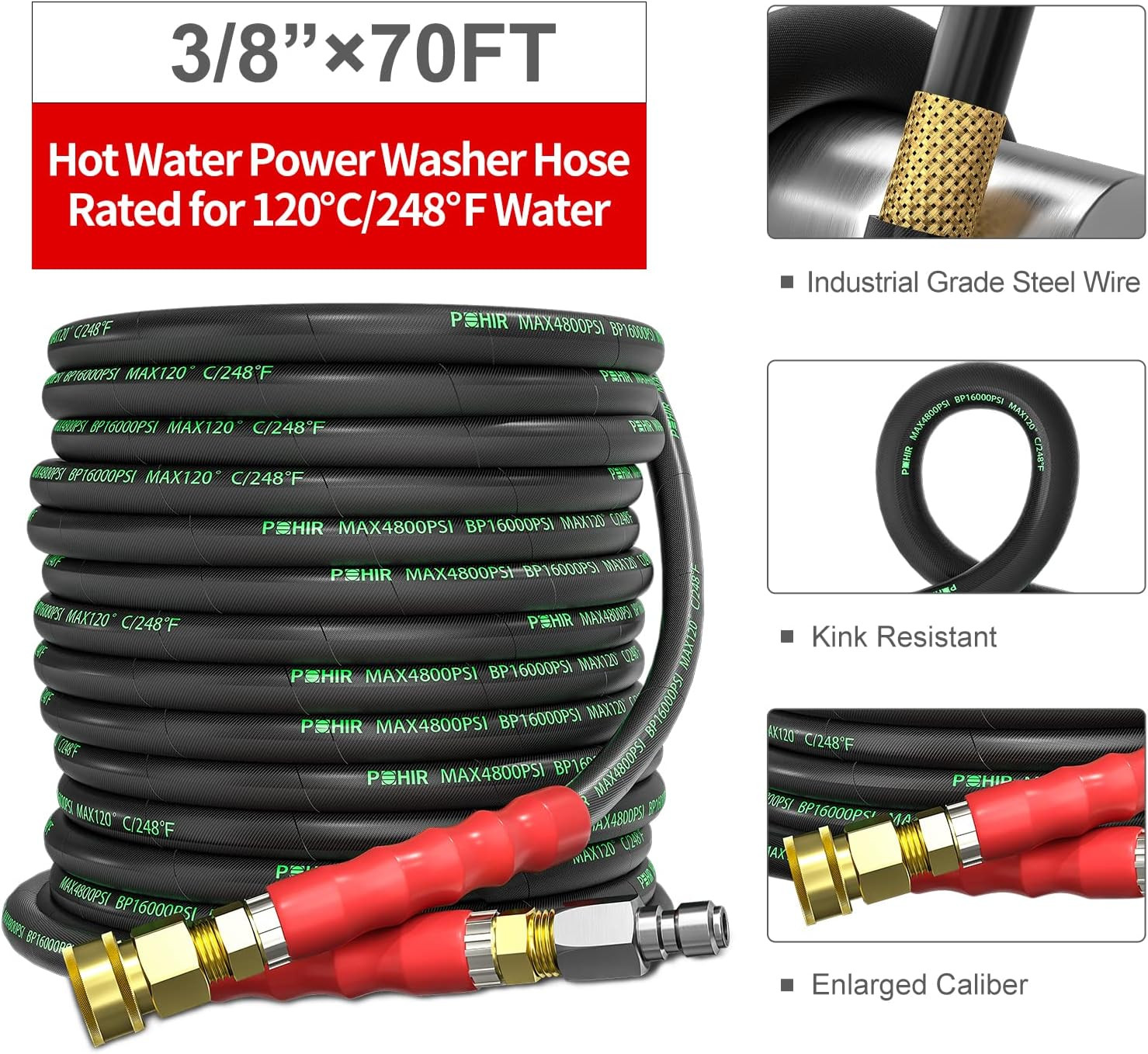 70FT Pressure Washer Hose 4800PSI Kink Resistant with Quick Connect Adapters