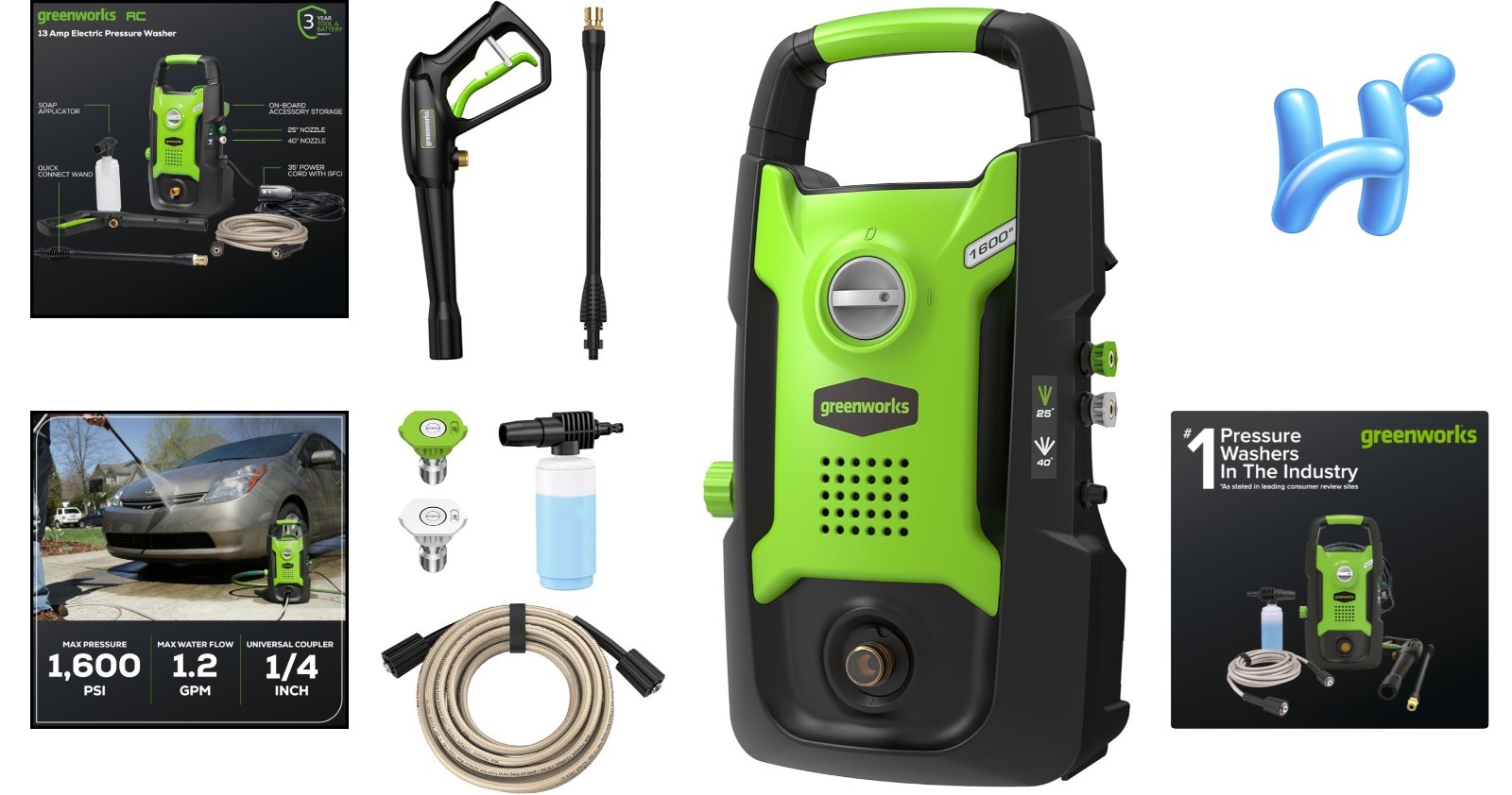 Powerful Certified Pressure Washer 1600 PSI with Quick Connect Nozzles