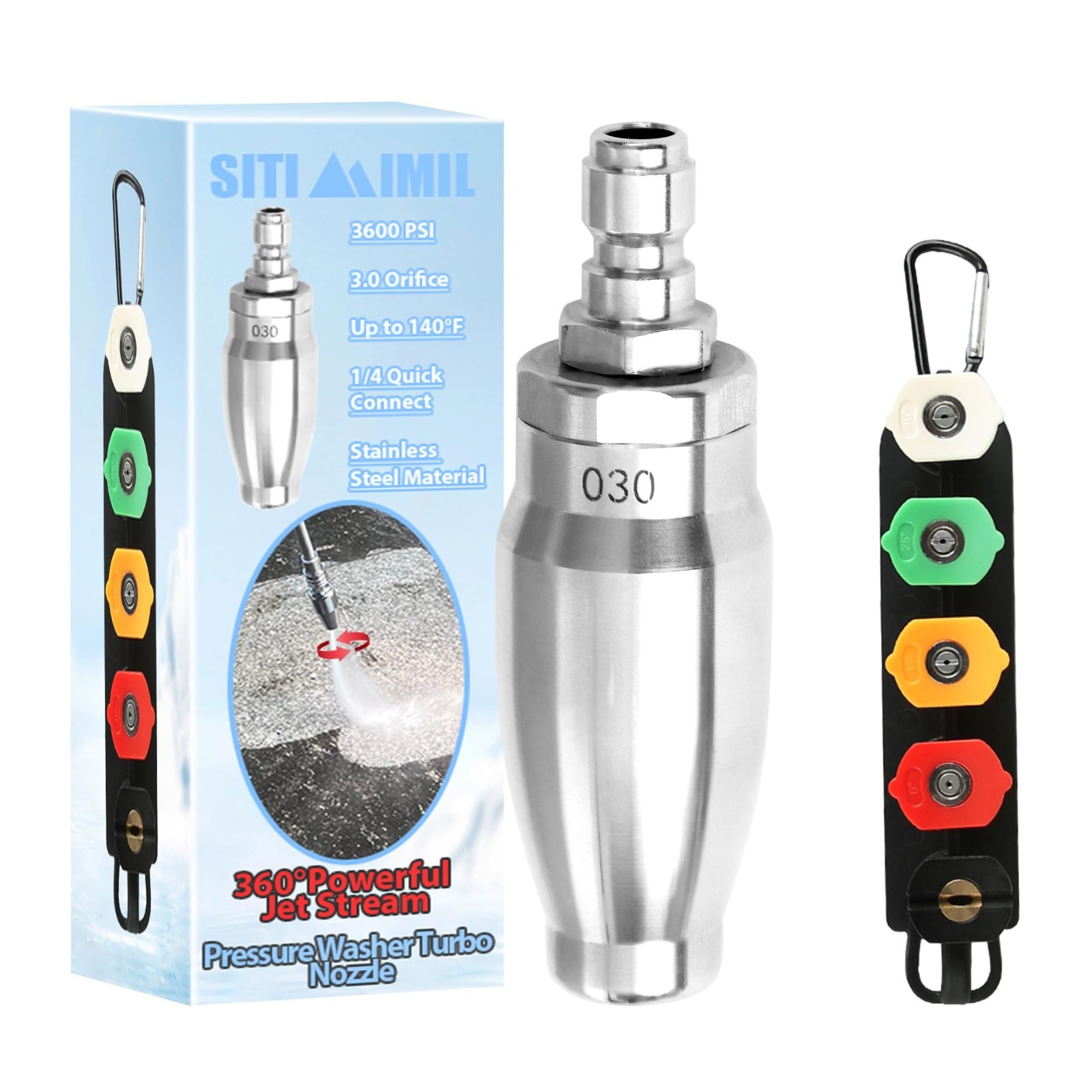 360° Rotating Turbo Nozzle for Pressure Washer, 5 Spray Tips, 1/4″ Quick Connect