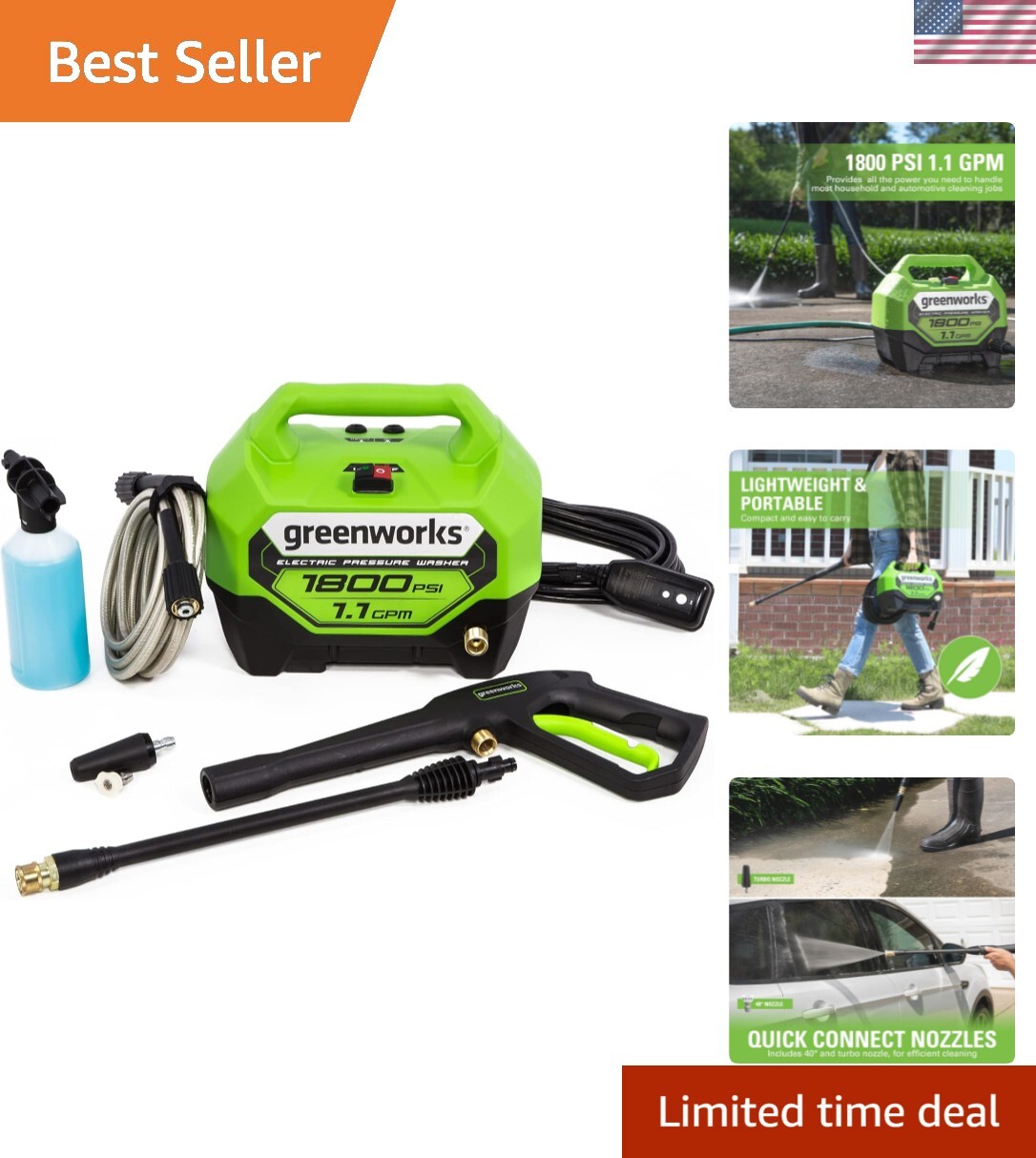 Versatile Greenworks 1800 PSI Pressure Washer – Includes Quick Connect Nozzles