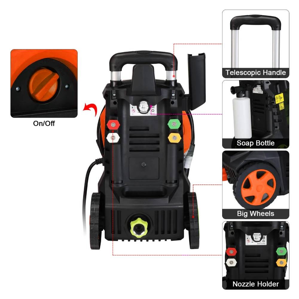 Electric Pressure Washer 3800PSI Max with Nozzles and Telescopic Handle Orange