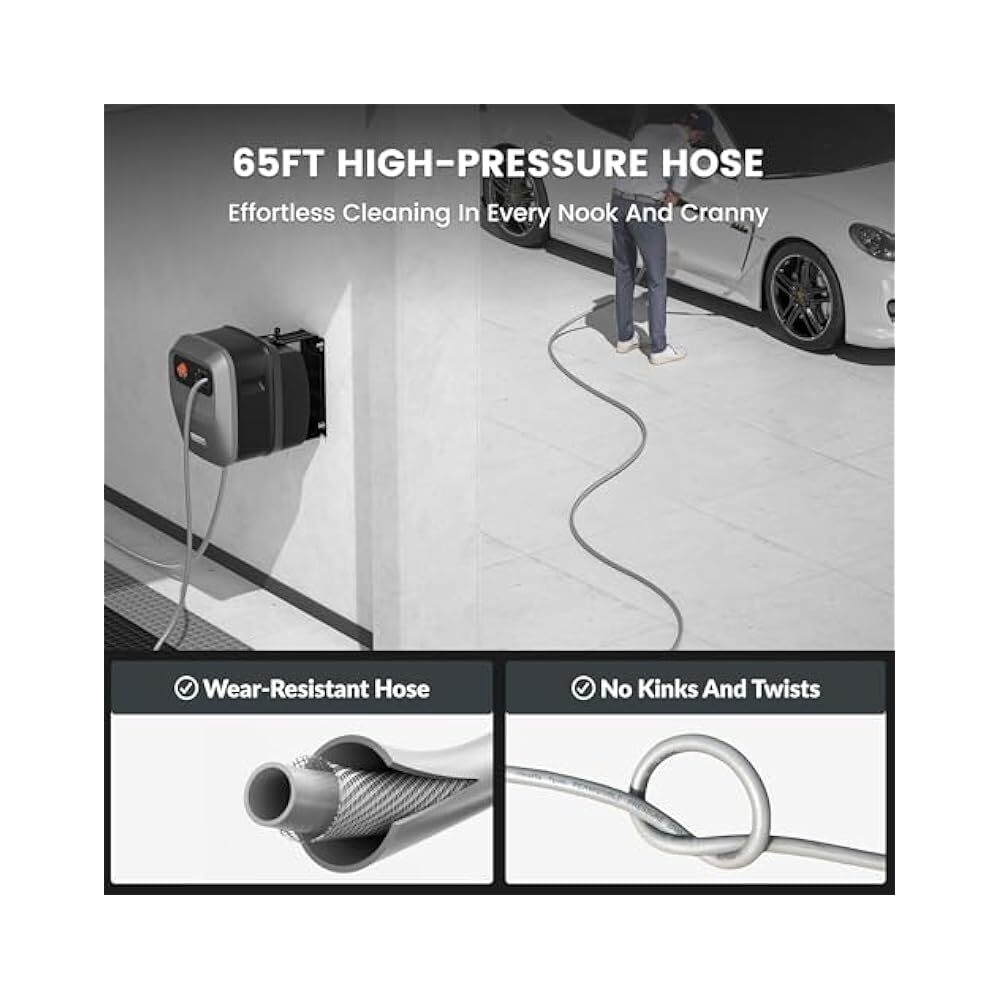 Wall,Mounted 2500 PSI Washer, 2.2 GPM, 65ft Hose, Protects Hose from Damage
