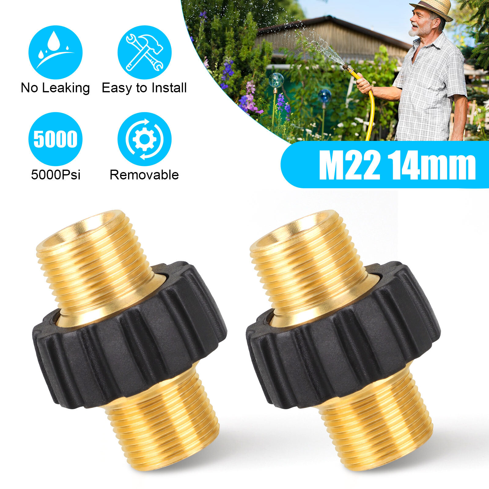 2Pcs Brass Pressure Washer Connector Quick Connect Fitting M22-14mm Hose Adapter