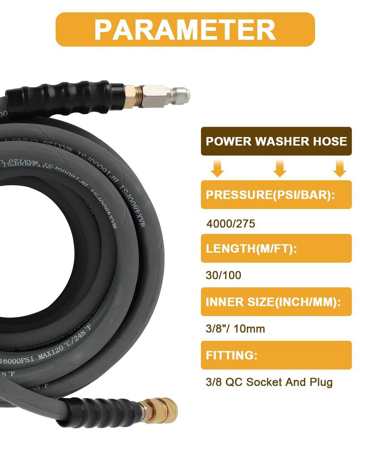 Cold or Hot Pressure Washer Hose 3/8″ w/Quick Connects 100Ft 4000psi