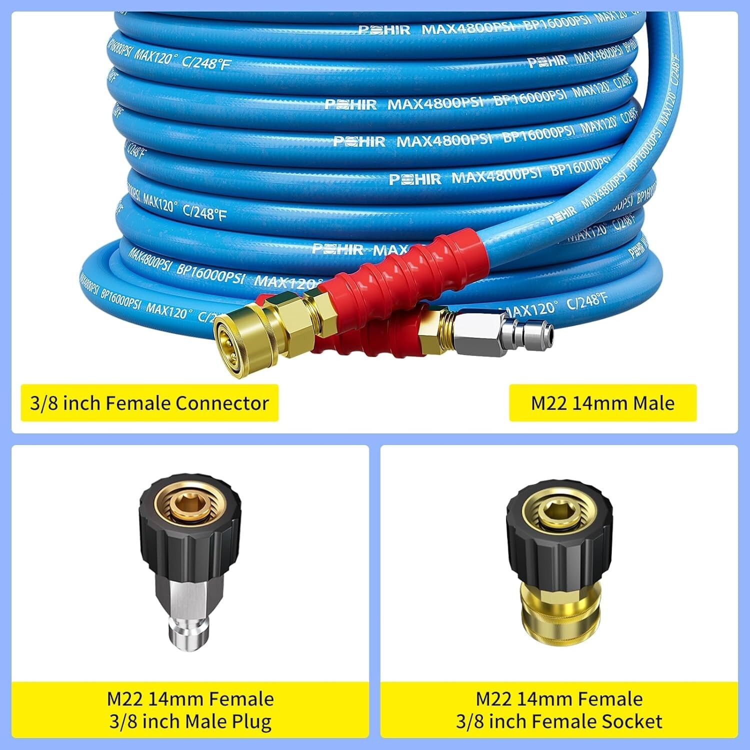 POHIR 100FT 3/8″ Pressure Washer Hose 4800PSI Flexible Power Wire Extension Hose