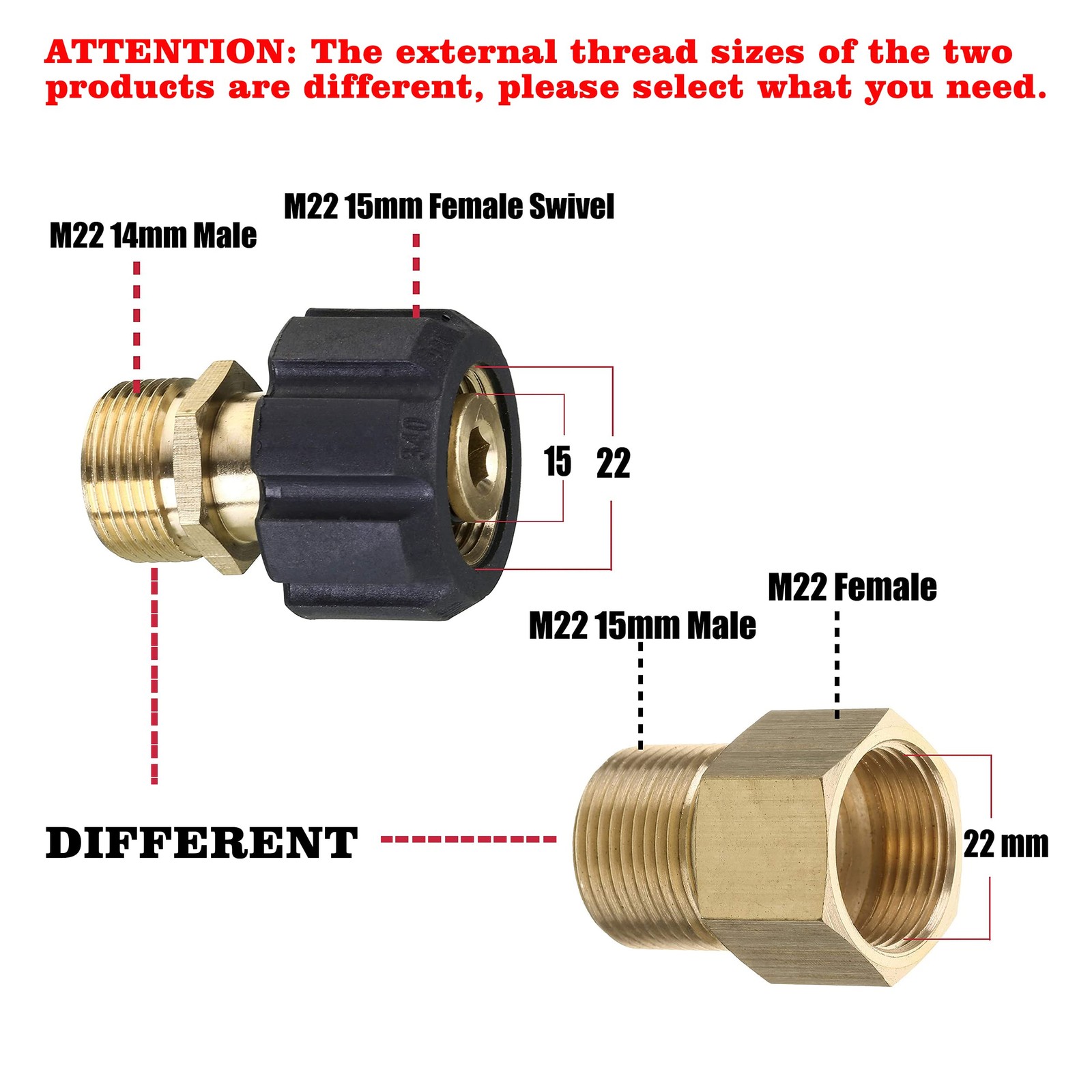 Pressure Washer Hose Adapter M22-15mm Female Thread to M22-14mm Male Fitting