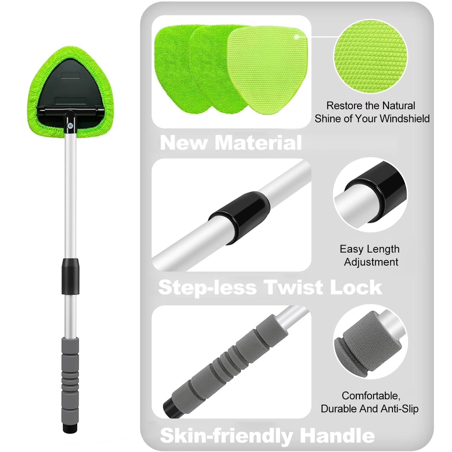 24-Inch Windshield Cleaner Tool with Extendable Handle & Microfiber Pads