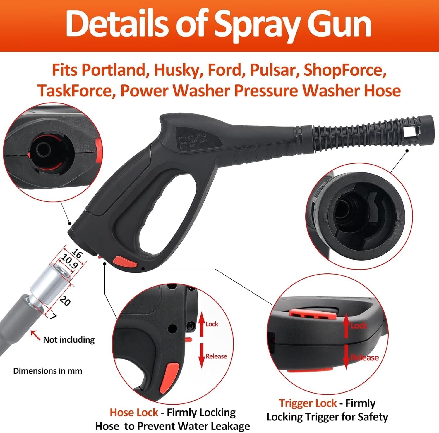 2000 PSI Pressure Washer Compatible Spray Gun Nozzle with Jet Wand, Metal Design