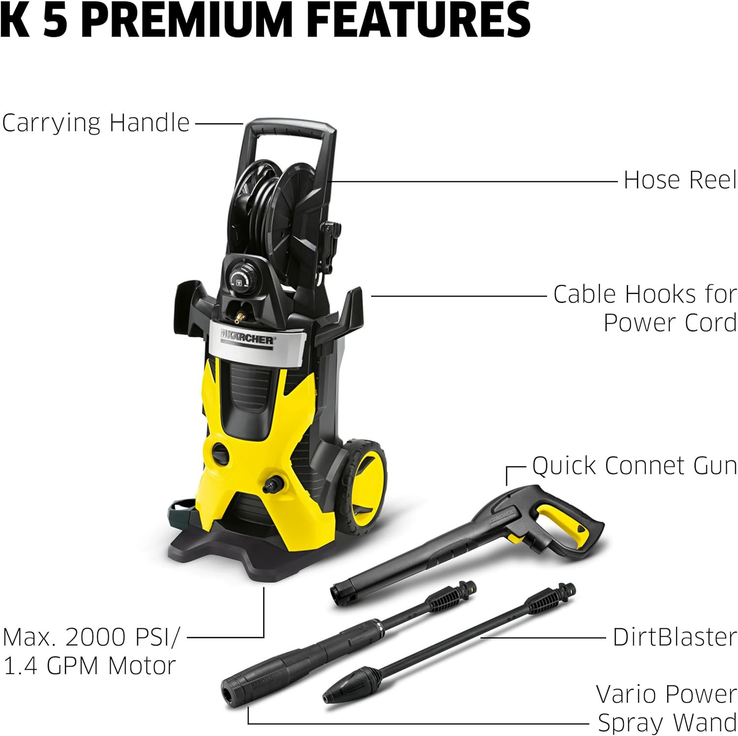 Kärcher K5 Premium, 1.4 GPM Pressure Washer with Hose Reel, Vario Power & Dirtbl