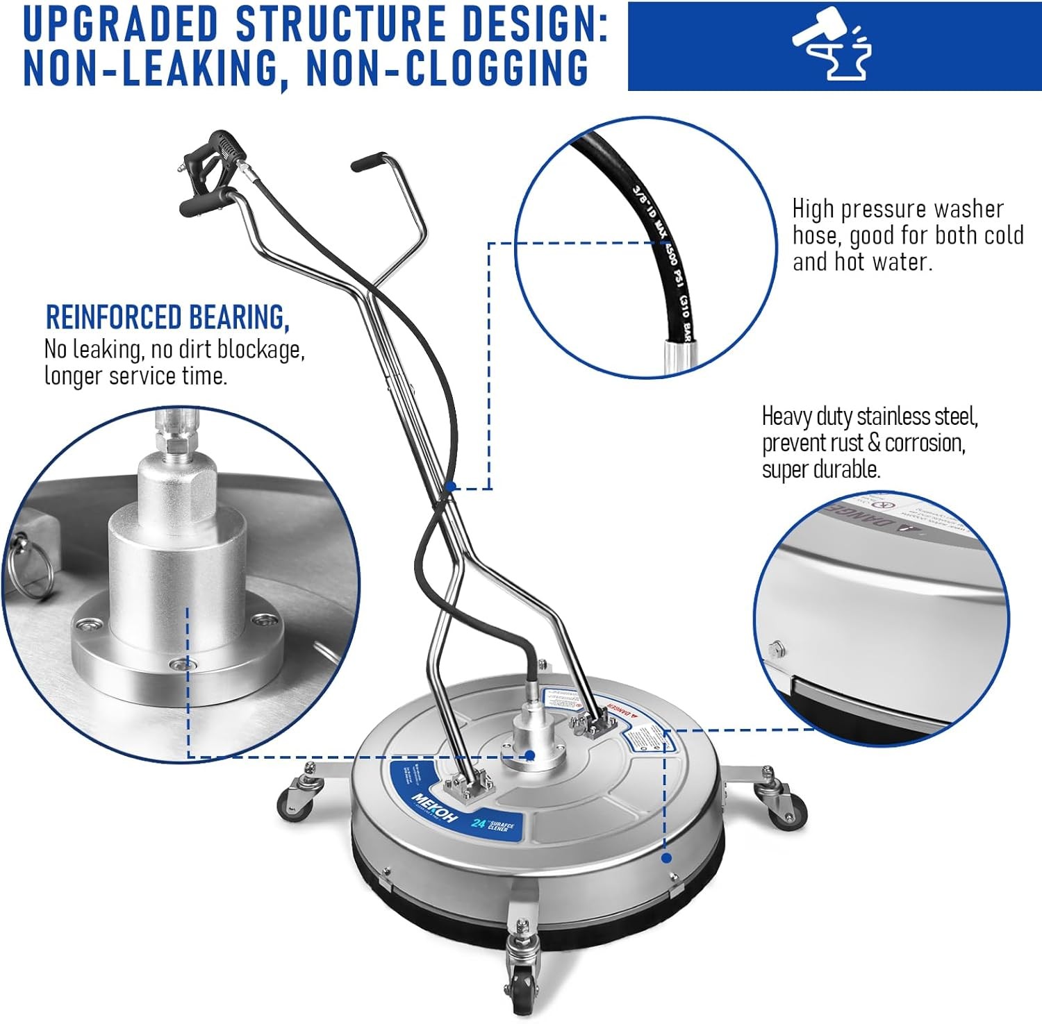 24″ Pressure Washer Surface Cleaner for Large Areas 4500PSI Stainless Steel