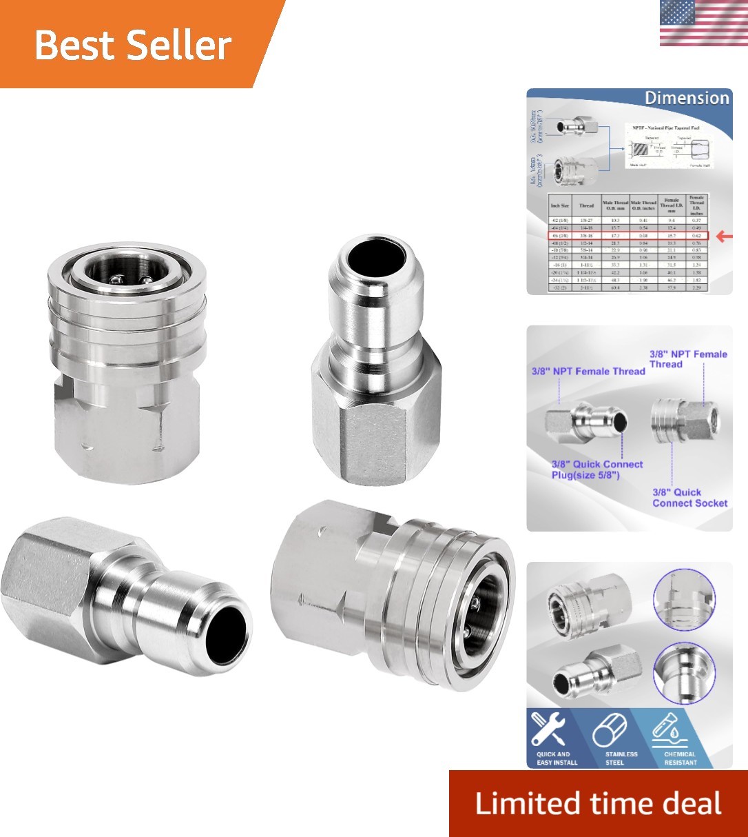 2 Sets of 3/8 Inch Quick Connect Pressure Washer Fittings – 5000 PSI Strength