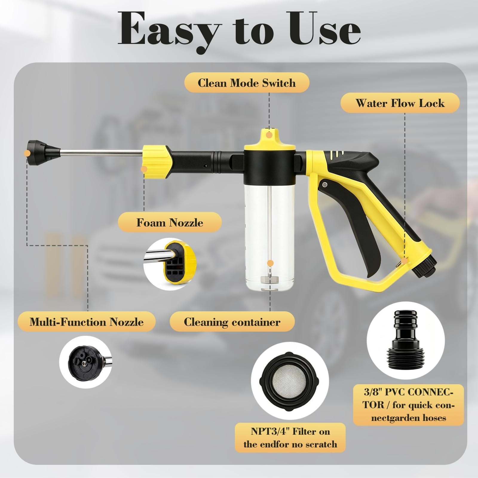 High Pressure Foam Gun for Garden Hose – 3 Spray Modes Car Wash Kit for Cars, Tr