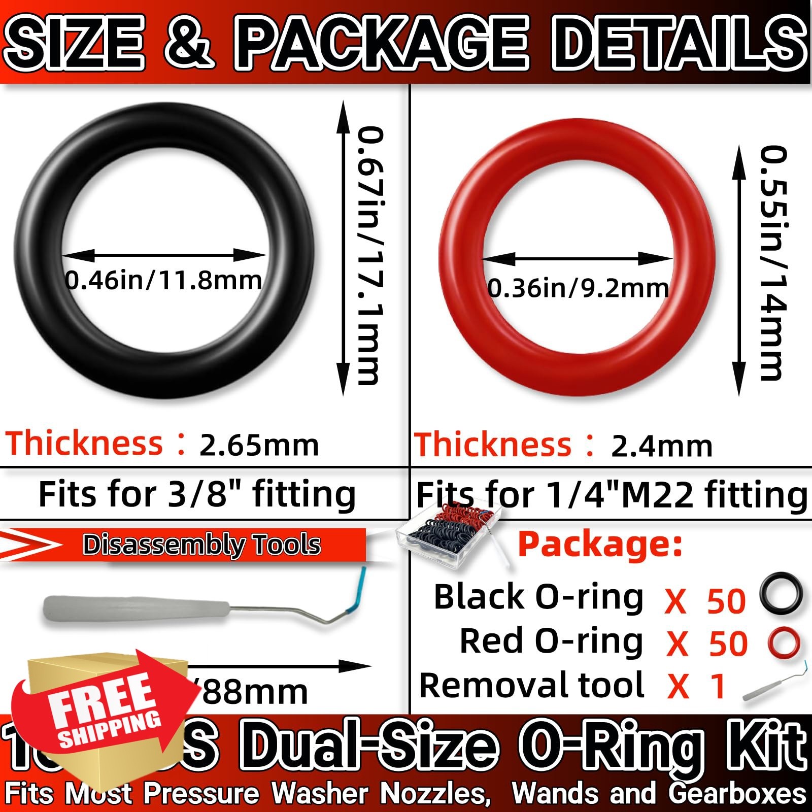 Zijipjy Pressure Washer O-Rings 100PCS Red+Black