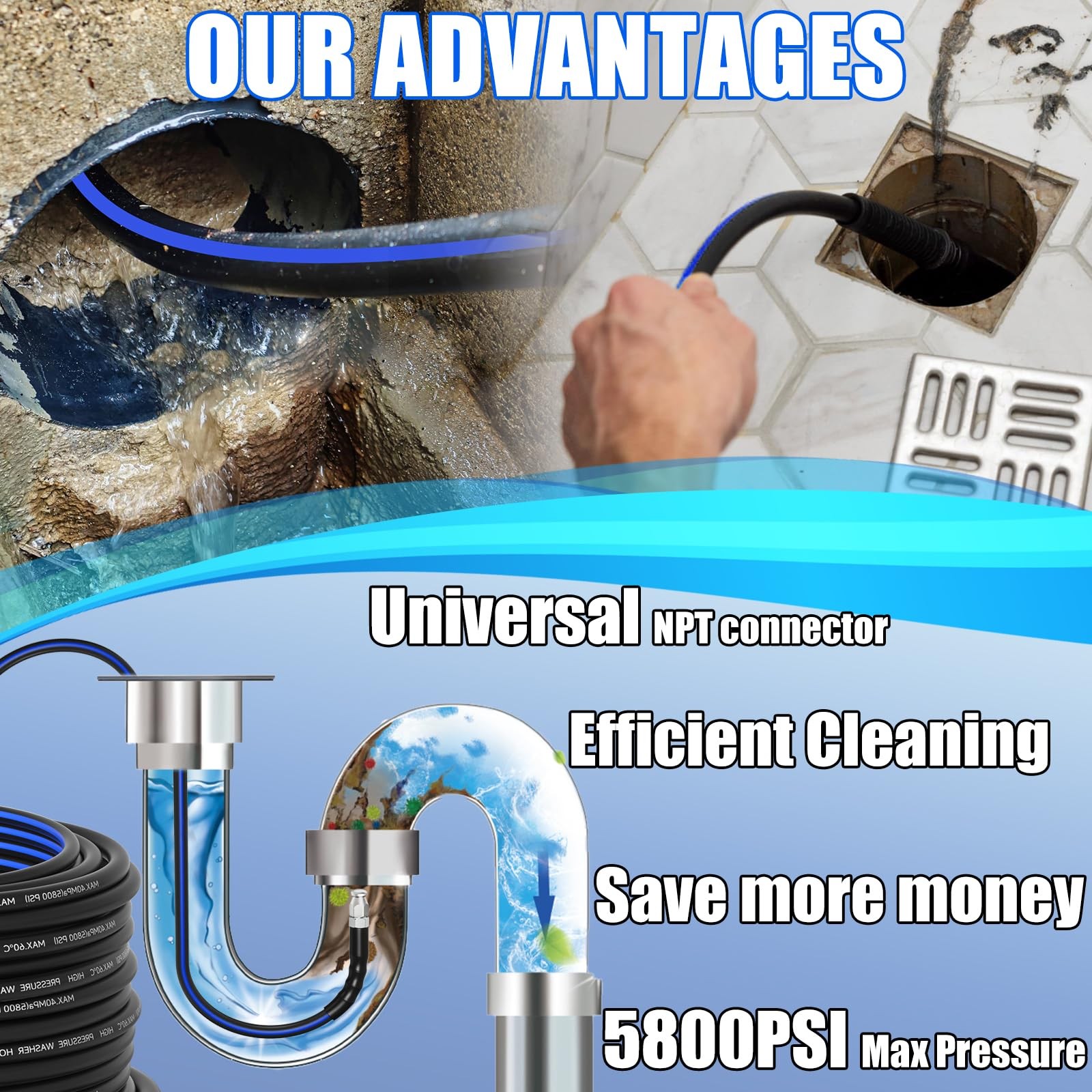 Sewer Jetter Kit for Pressure Washer(150FT),1/4″ NPT Drain Cleaner Hose 5800P…