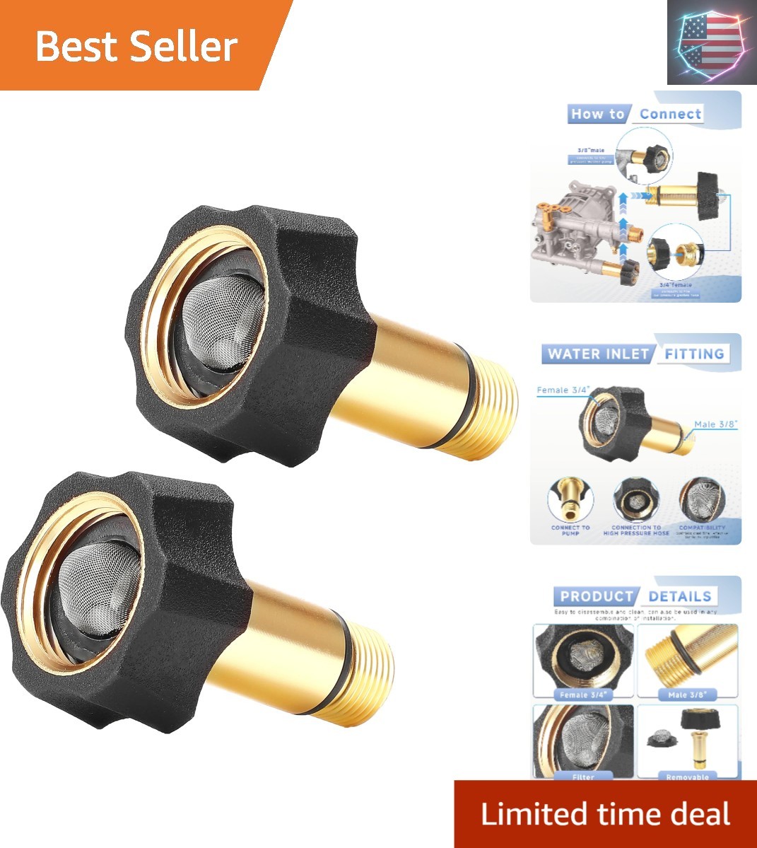 Pressure Washer Pump Parts Water Inlet Fitting, 3/4″ Female to 3/8″ Male Pres…