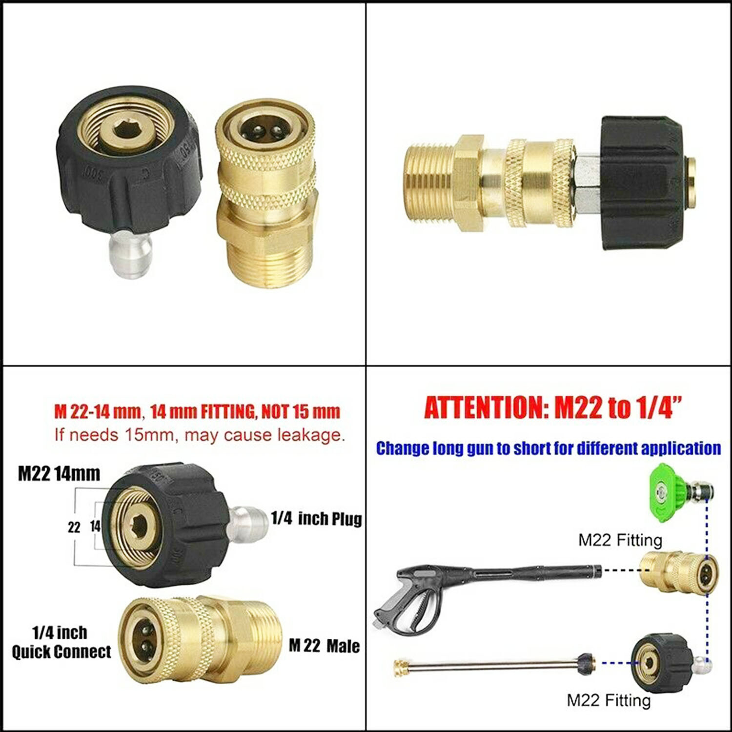Pressure Washer Hose Connector Adapter Set Quick Connect M22 to 1/4″ Gun to Wand