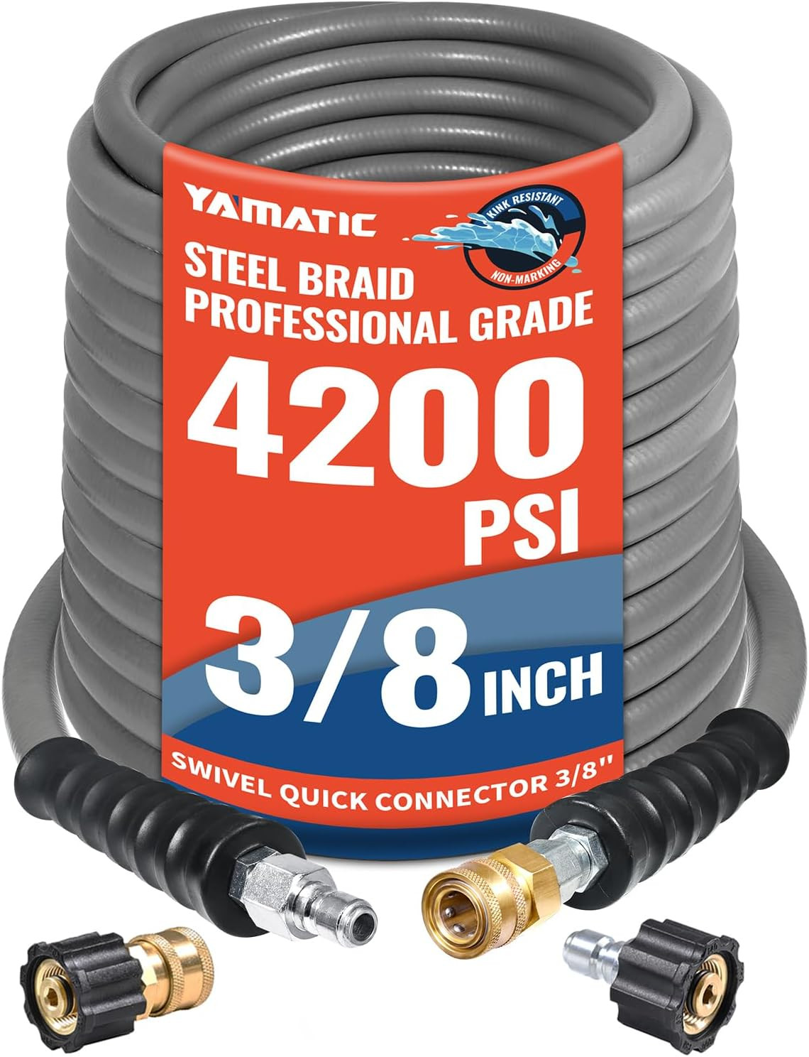 YAMATIC Pressure Washer Hose 100 FT, True 3/8″ID,4200 PSI, 250°F Hot Water, Stee