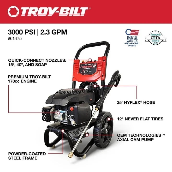 Troy-Bilt TB3000PWXP 3000 PSI at 2.3 GPM Cold Water Gas Pressure Washer