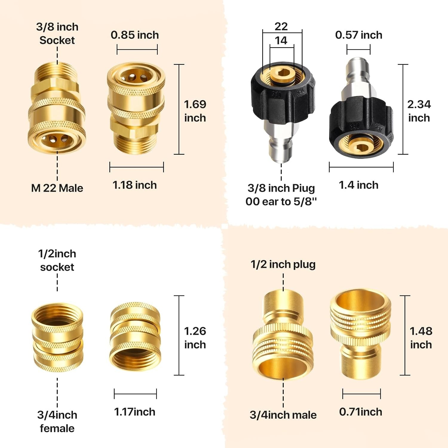 Durable Brass Pressure Washer Quick Connect Kit – 9 Sets for M22 14mm Fittings