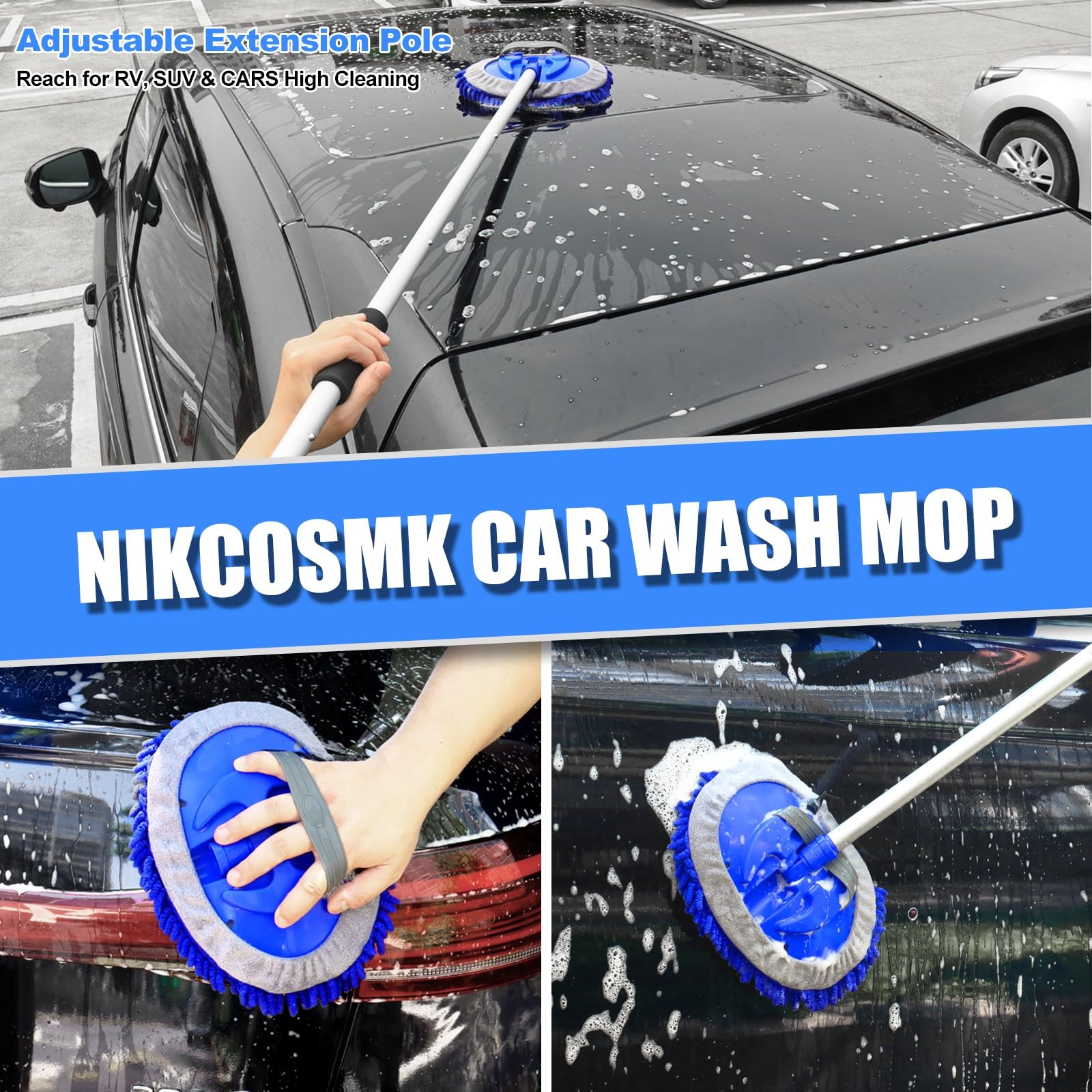 62″ Car Wash Brush Kit Long Handle Mop Tire Brush Squeegee for Car Truck RV