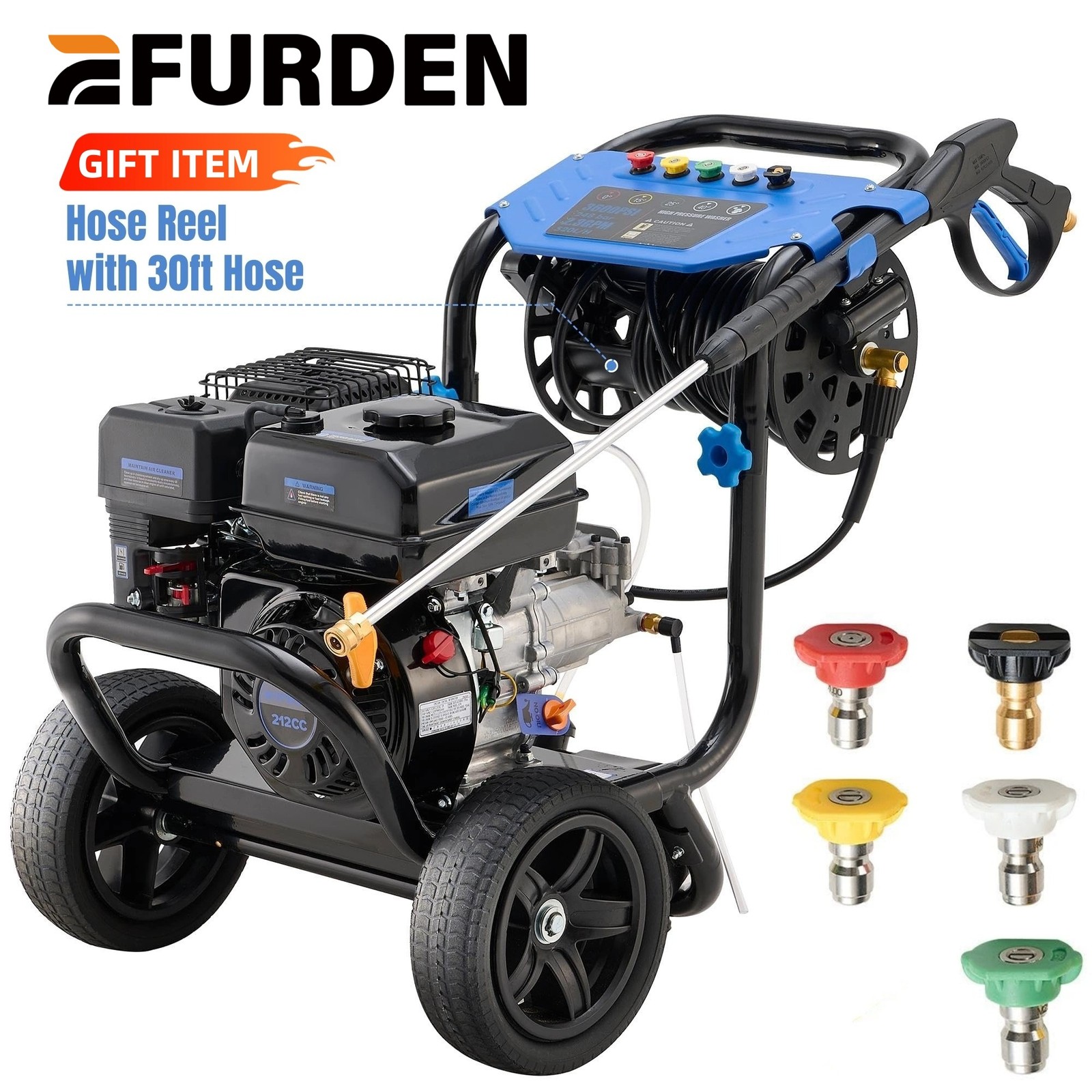 3600 PSI Gas Pressure Washer 2.3 GPM Gas Powered Washer 212cc 7HP 5 Nozzles&Reel