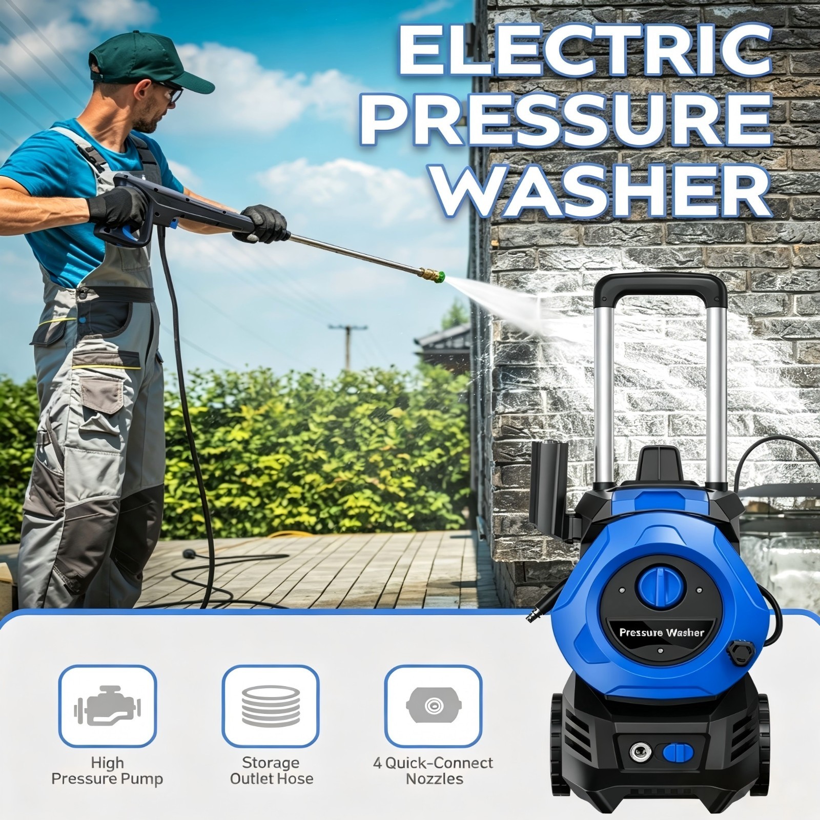 Pressure Washer 4200PSI 2.5GPM, Steel Lance, 4 Nozzle Tips, for Car, Patio