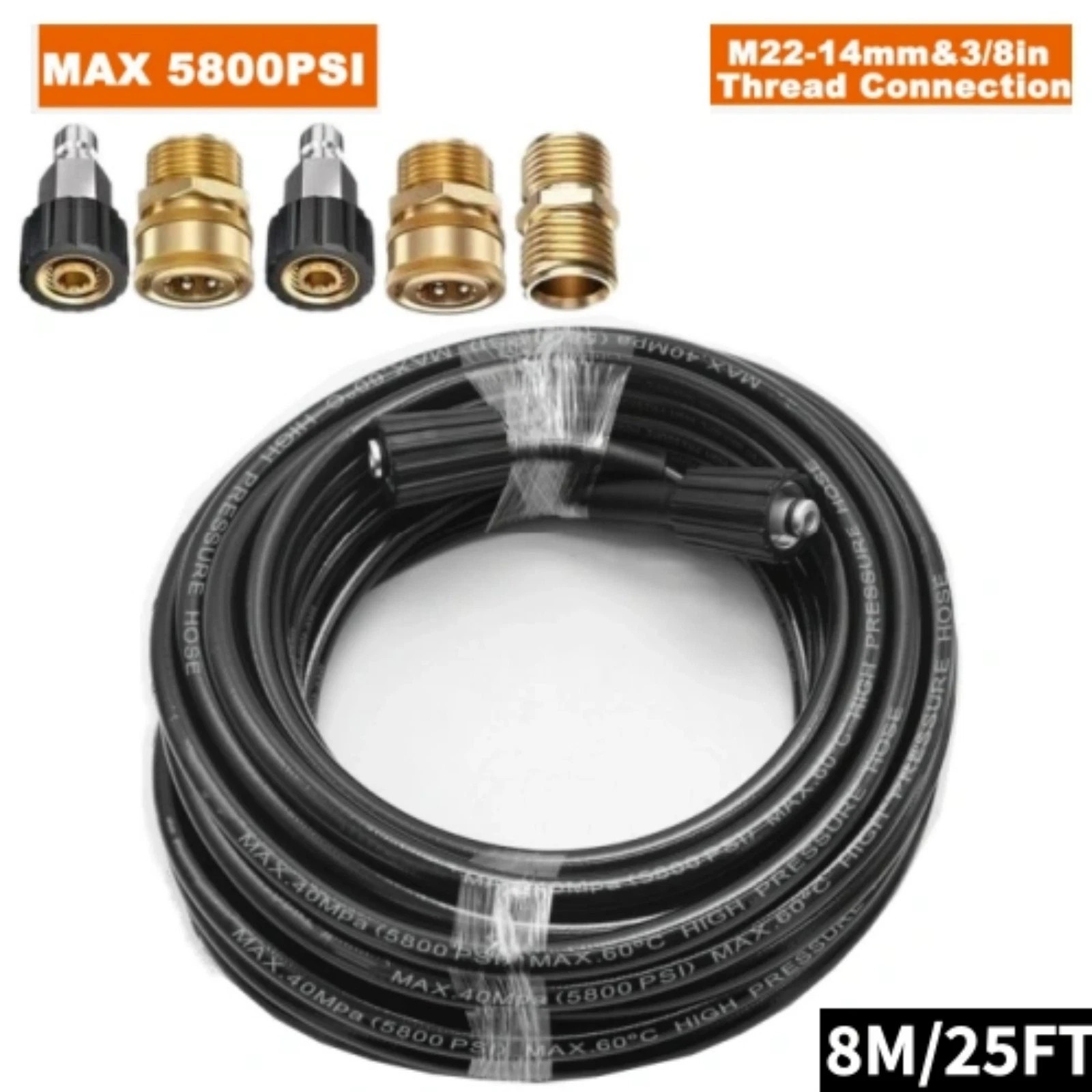 25FT 5800PSI Replacement High Pressure Power Washer Hose,M22- 3/8″ Quick Connect