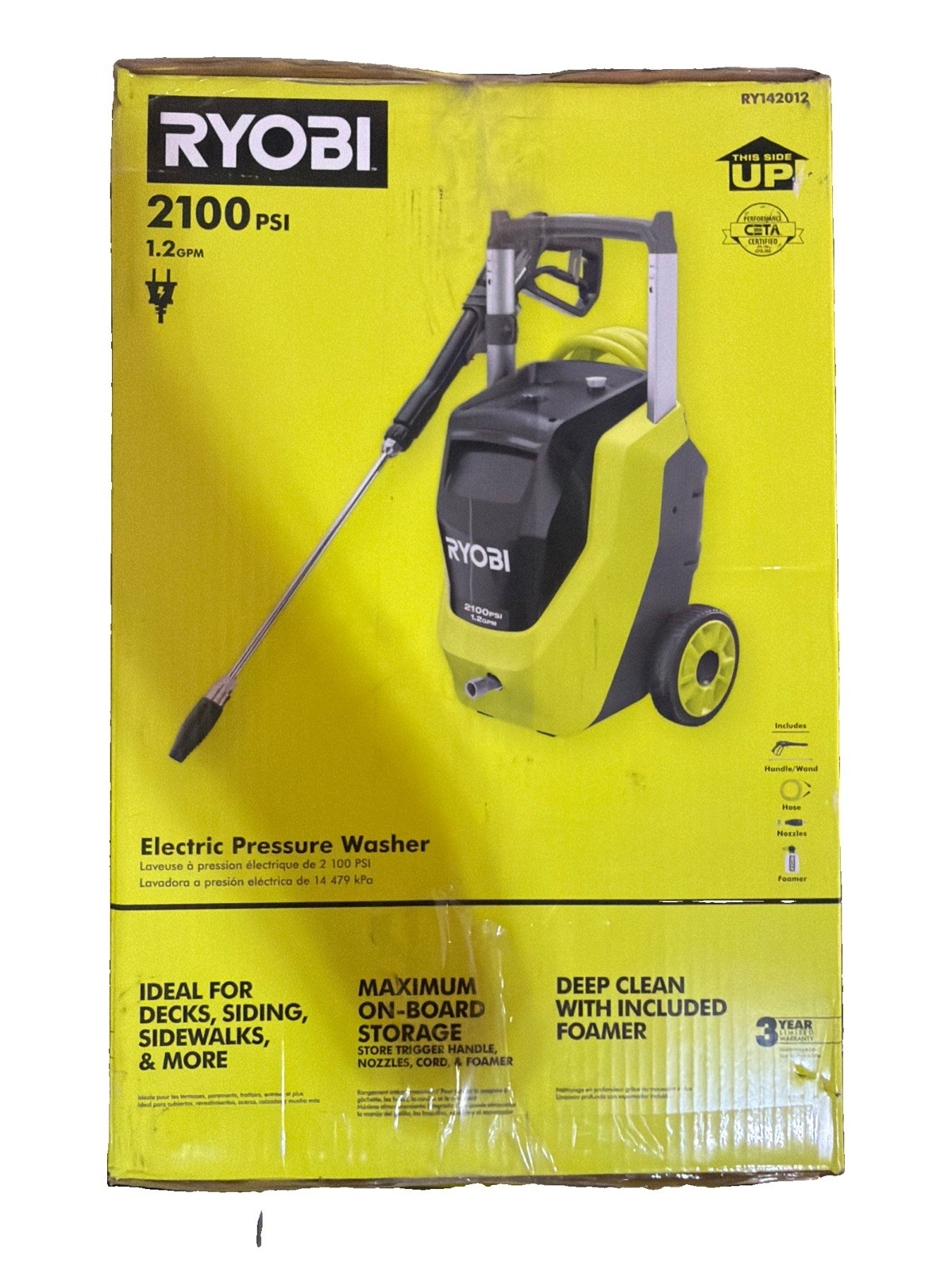 RYOBI 2100 PSI 1.2 GPM Cold Water Corded Electric Pressure Washer with Foam NEW