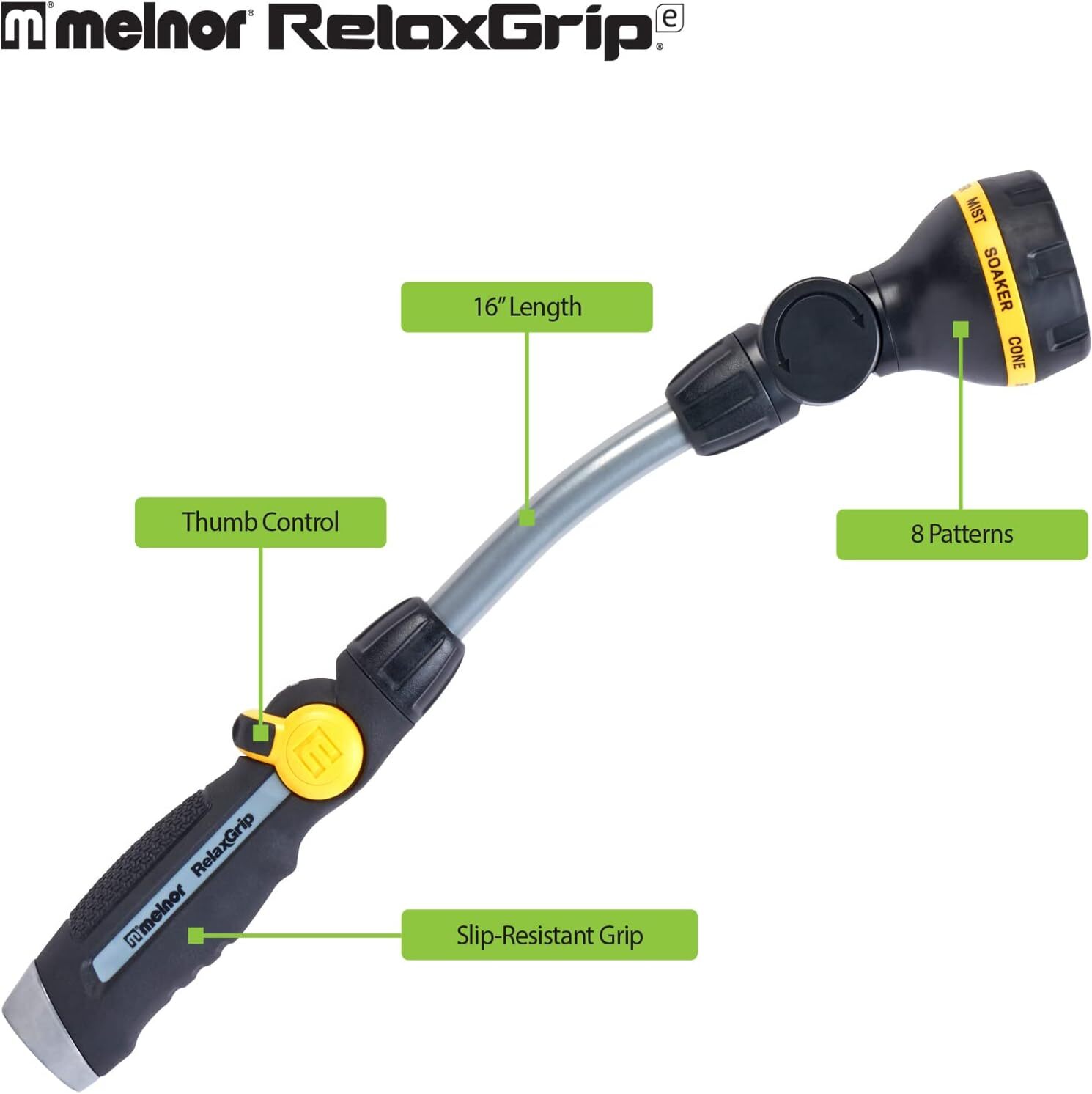 Melnor 65173AMZ RelaxGrip 8 Pattern 16″ Pivoting Wand Metal, black, yellow