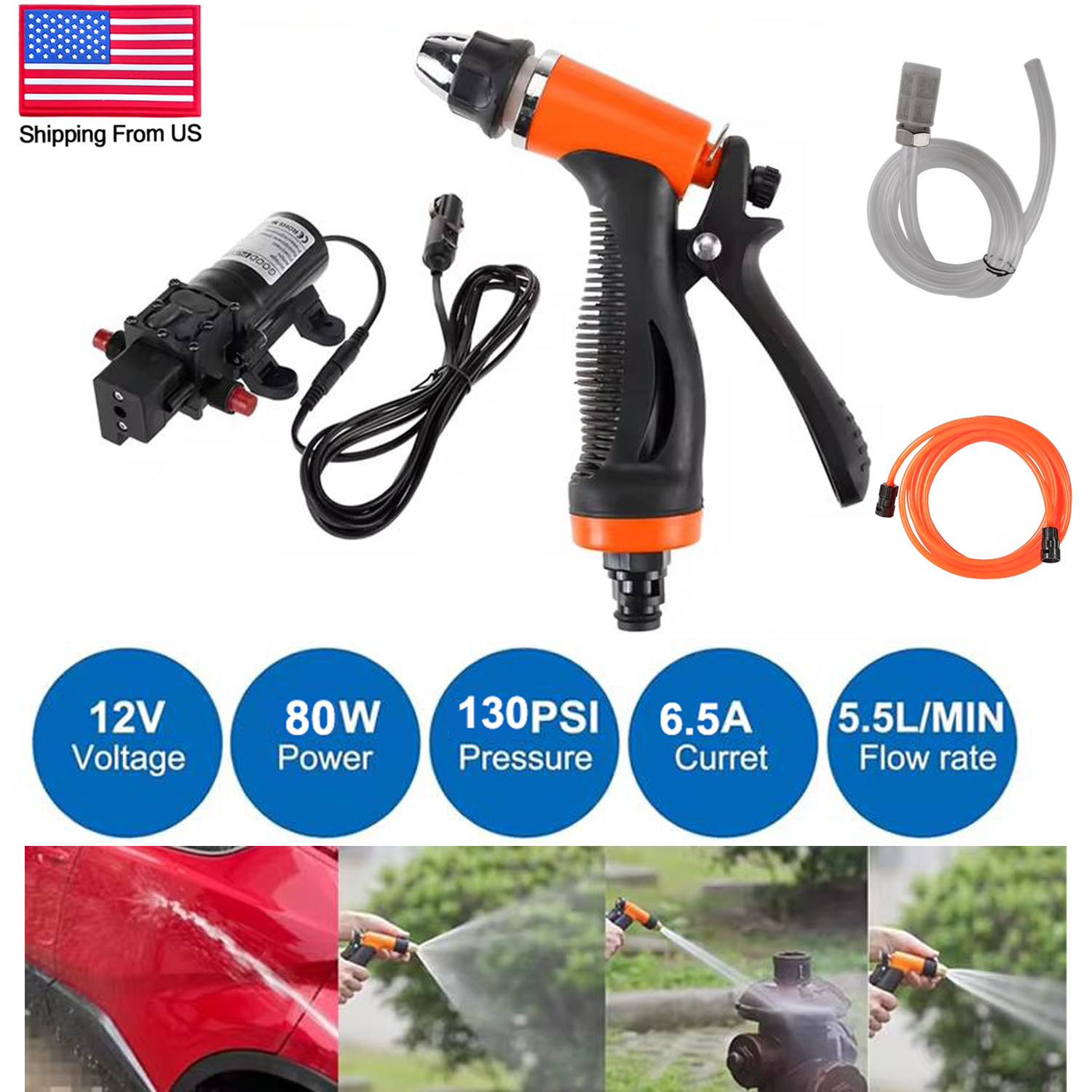 12V Pressure Washer For Car Portable Power Washer 130PSI Self-Priming Wash Pump