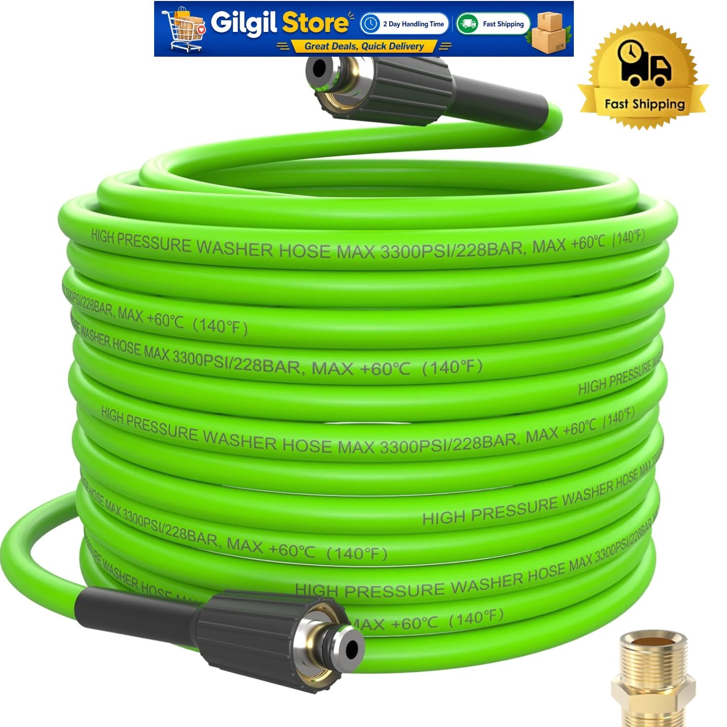 Extended 50FT Kink Resistant Power Washer Hose, 3300 PSI PVC Material