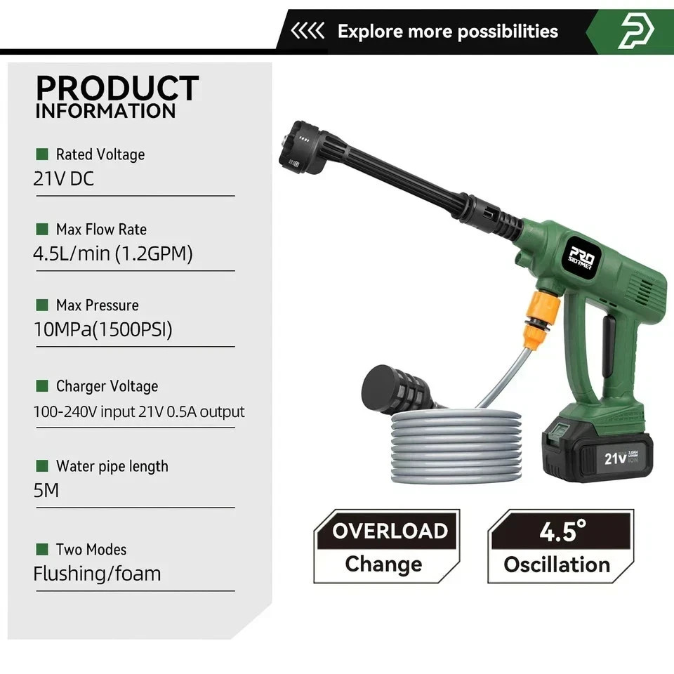 Prostormer Cordless Pressure Washer 1500PSI, Portable Handheld Water Gun with…