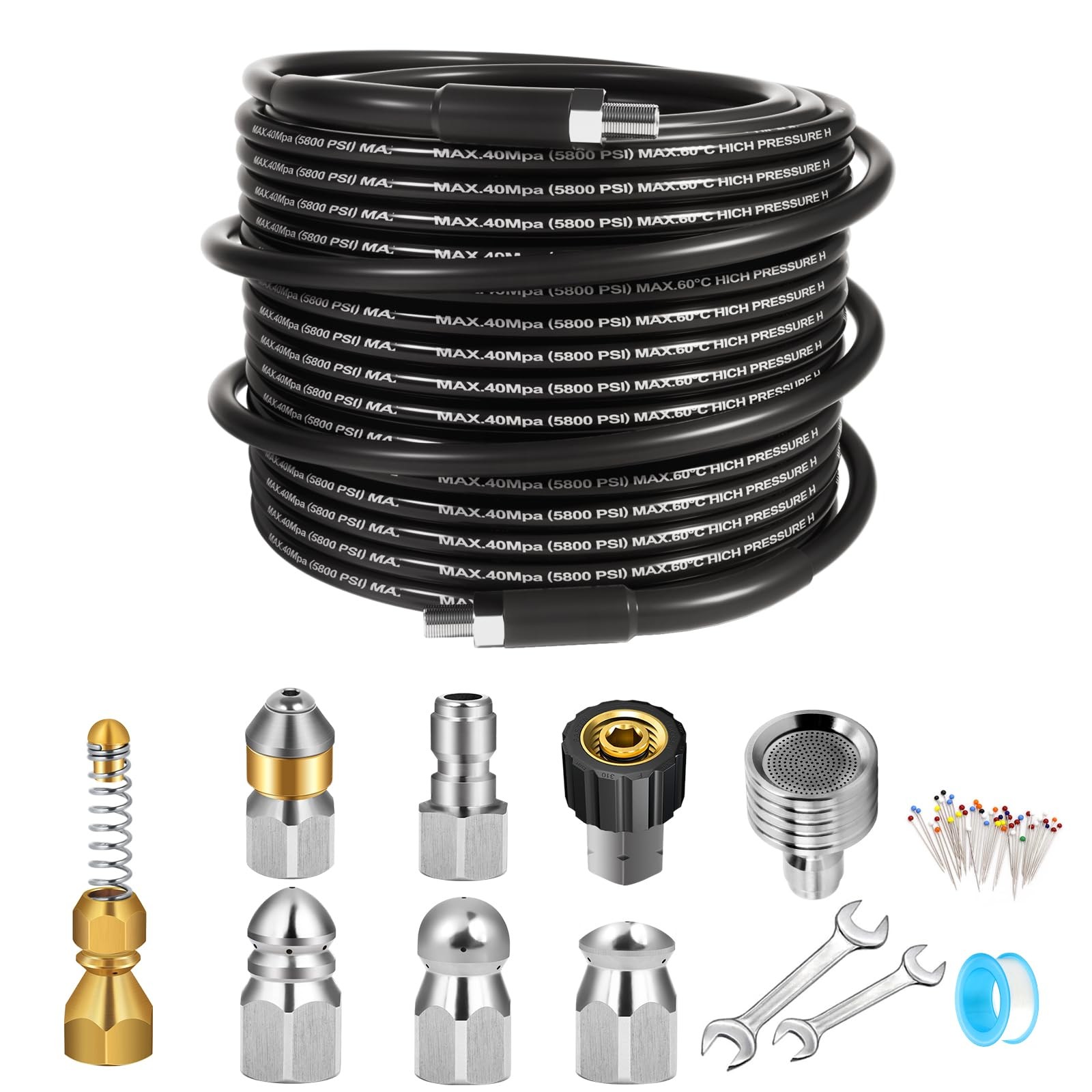 60FT Sewer Jetter Kit for Pressure Washer, 5800PSI Drain Cleaner Hose 1/4 Inc…